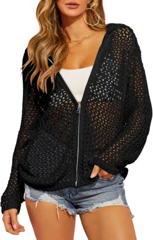 Saodimallsu Womens Crochet Lightweight Cardigans Zip Up Hooded Long Sleeve Knit Sweaters Mesh Beach Swim Cover Up