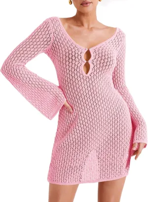 Saodimallsu Womens Crochet Swimsuit Coverup Summer Sexy V Neck Long Bell Sleeve Mesh Knit Bikini Cover Ups Beach Dresses