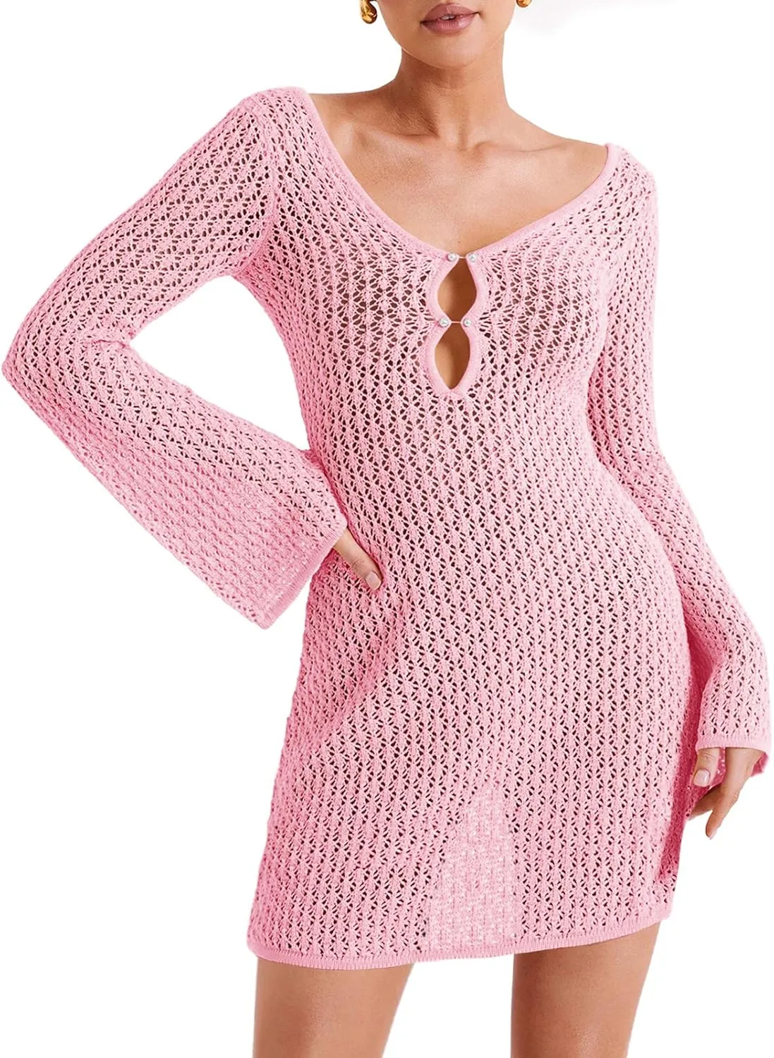 Saodimallsu Womens Crochet Swimsuit Coverup Summer Sexy V Neck Long Bell Sleeve Mesh Knit Bikini Cover Ups Beach Dresses