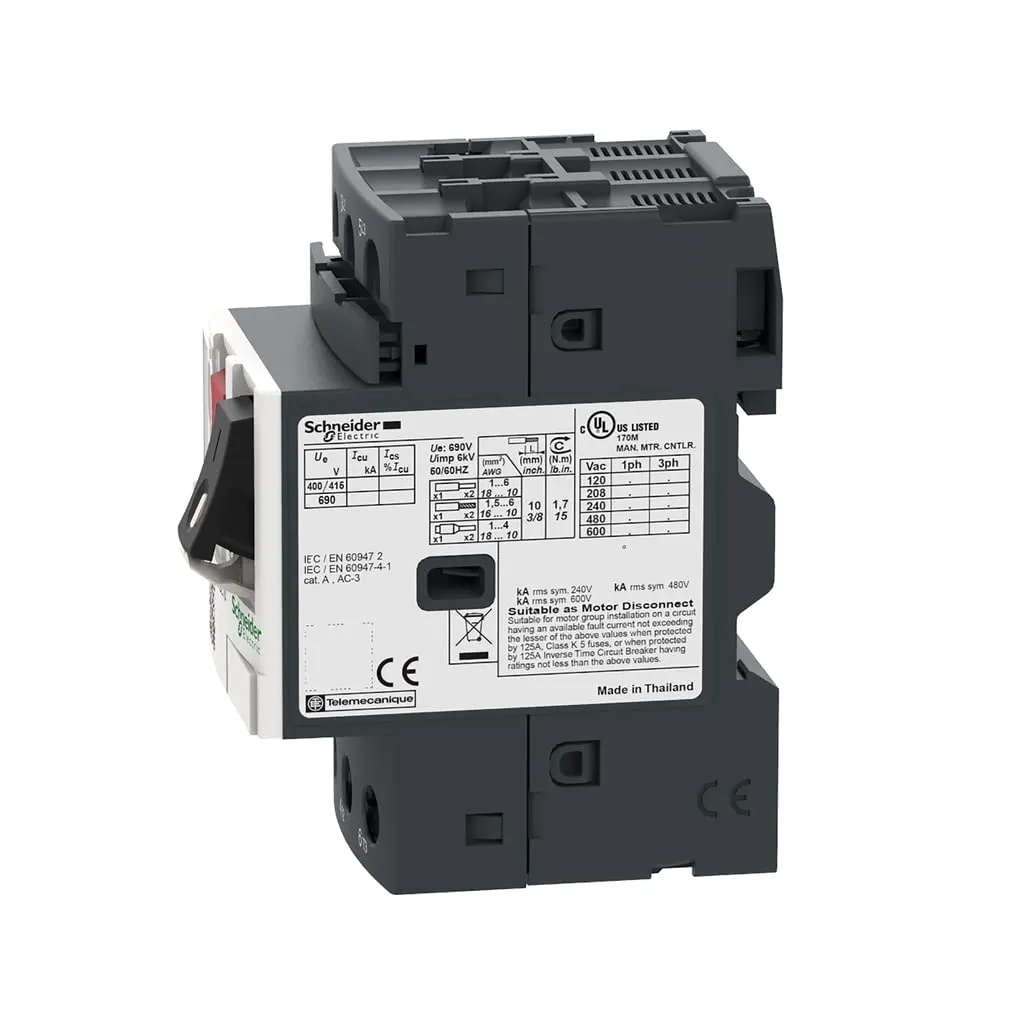 Schneider Electric GP2E10 Easy TeSys 3 Phase Manual Thermal Magnetic Motor Starter, 3 Pole, Screw Clamp Terminals, Push Button, 4-6.3 Amps