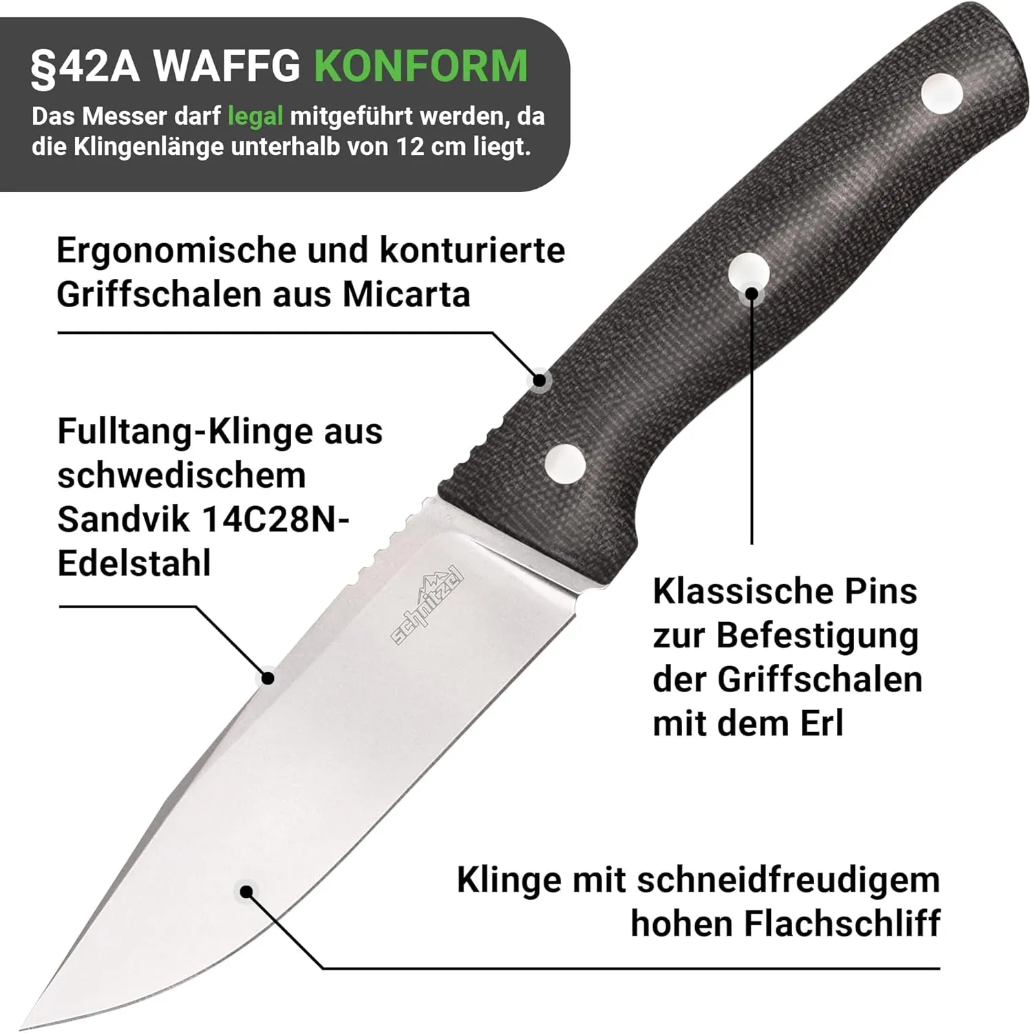 SCHNITZEL - KVIN - Outdoor knife with Kydex sheath and dangler carrying system - bushcraft, outdoor, leisure, for adults (Brown/Black)