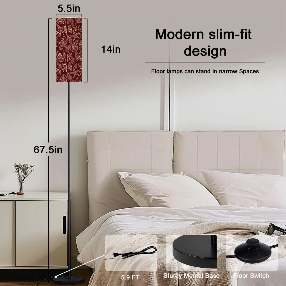 Sea bottom seamless pattern Summer beach hand drawn seaside print Modern Floor Lamp Minimalist Standing Lamps for Living Room LED Corner Lamp Remote Control Metal Pole Lamp for Bedroom, Reading
