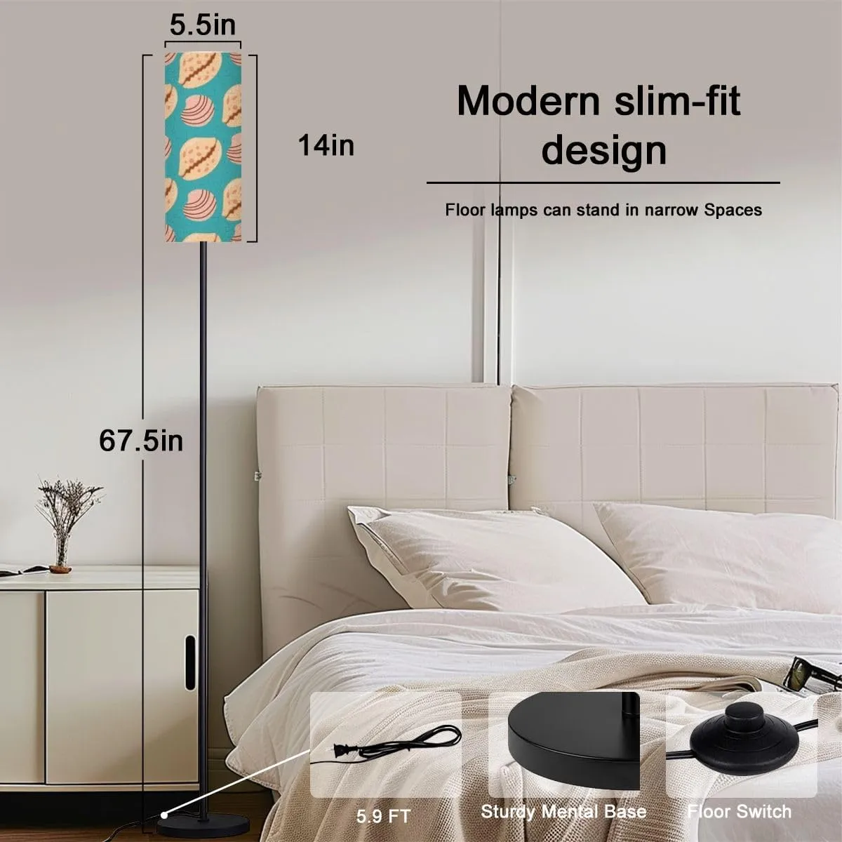 Sea shells blue seamless pattern Fashionable pattern shells oysters Modern Floor Lamp Minimalist Standing Lamps for Living Room LED Corner Lamp Remote Control Metal Pole Lamp for Bedroom, Reading
