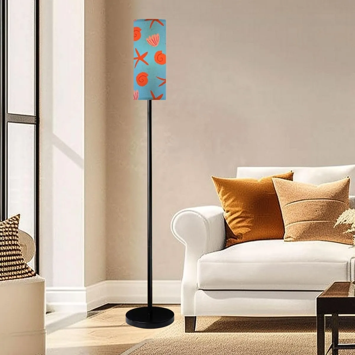 Seamless Pattern red Seashells Light Blue Simple Ocean Pattern Modern Floor Lamp Minimalist Standing Lamps for Living Room LED Corner Lamp Remote Control Metal Pole Lamp for Bedroom, Reading