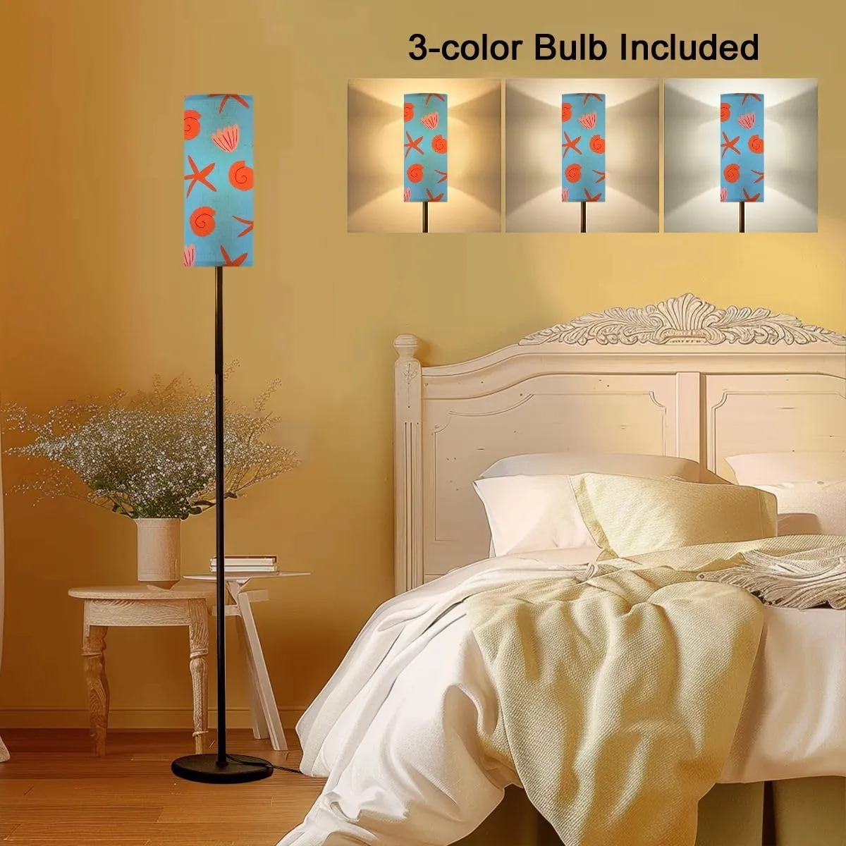 Seamless Pattern red Seashells Light Blue Simple Ocean Pattern Modern Floor Lamp Minimalist Standing Lamps for Living Room LED Corner Lamp Remote Control Metal Pole Lamp for Bedroom, Reading