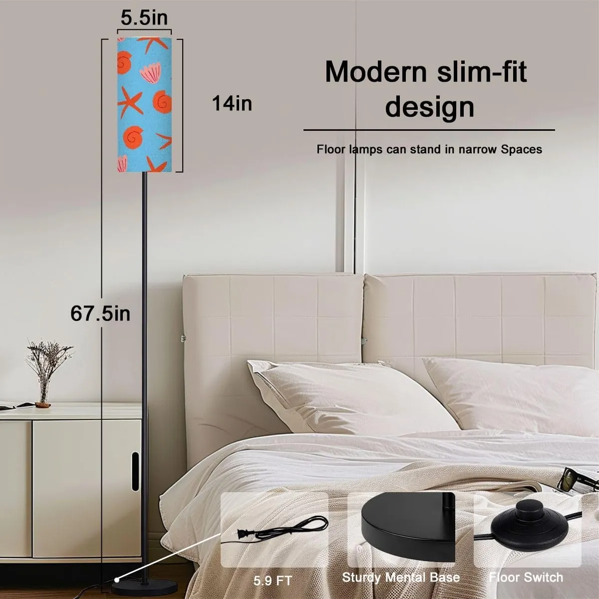 Seamless Pattern red Seashells Light Blue Simple Ocean Pattern Modern Floor Lamp Minimalist Standing Lamps for Living Room LED Corner Lamp Remote Control Metal Pole Lamp for Bedroom, Reading