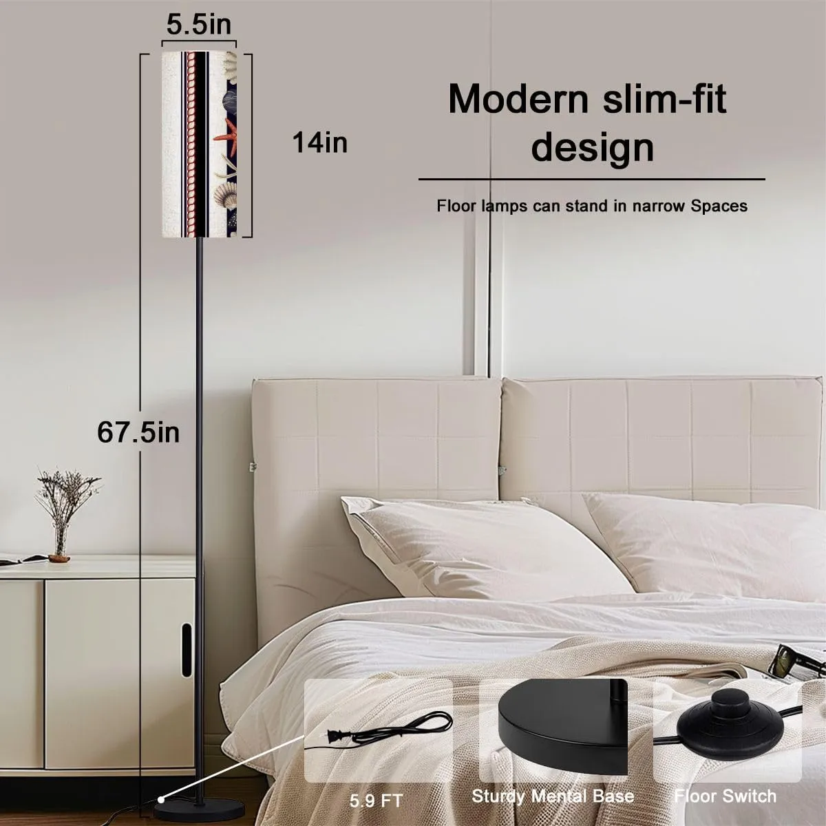 Seamless Pattern starfishes Shells Rope Trendy Print Modern Floor Lamp Minimalist Standing Lamps for Living Room LED Corner Lamp Remote Control Metal Pole Lamp for Bedroom, Reading