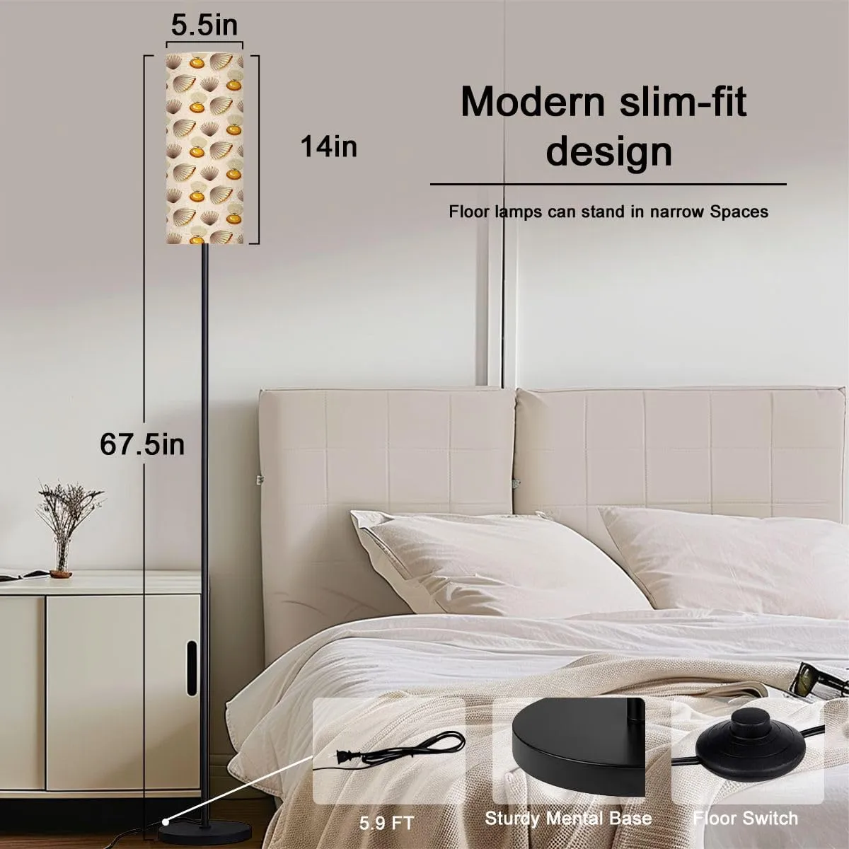 Seamless Pattern Various Shell Shapes Graphic sea Shells Modern Floor Lamp Minimalist Standing Lamps for Living Room LED Corner Lamp Remote Control Metal Pole Lamp for Bedroom, Reading