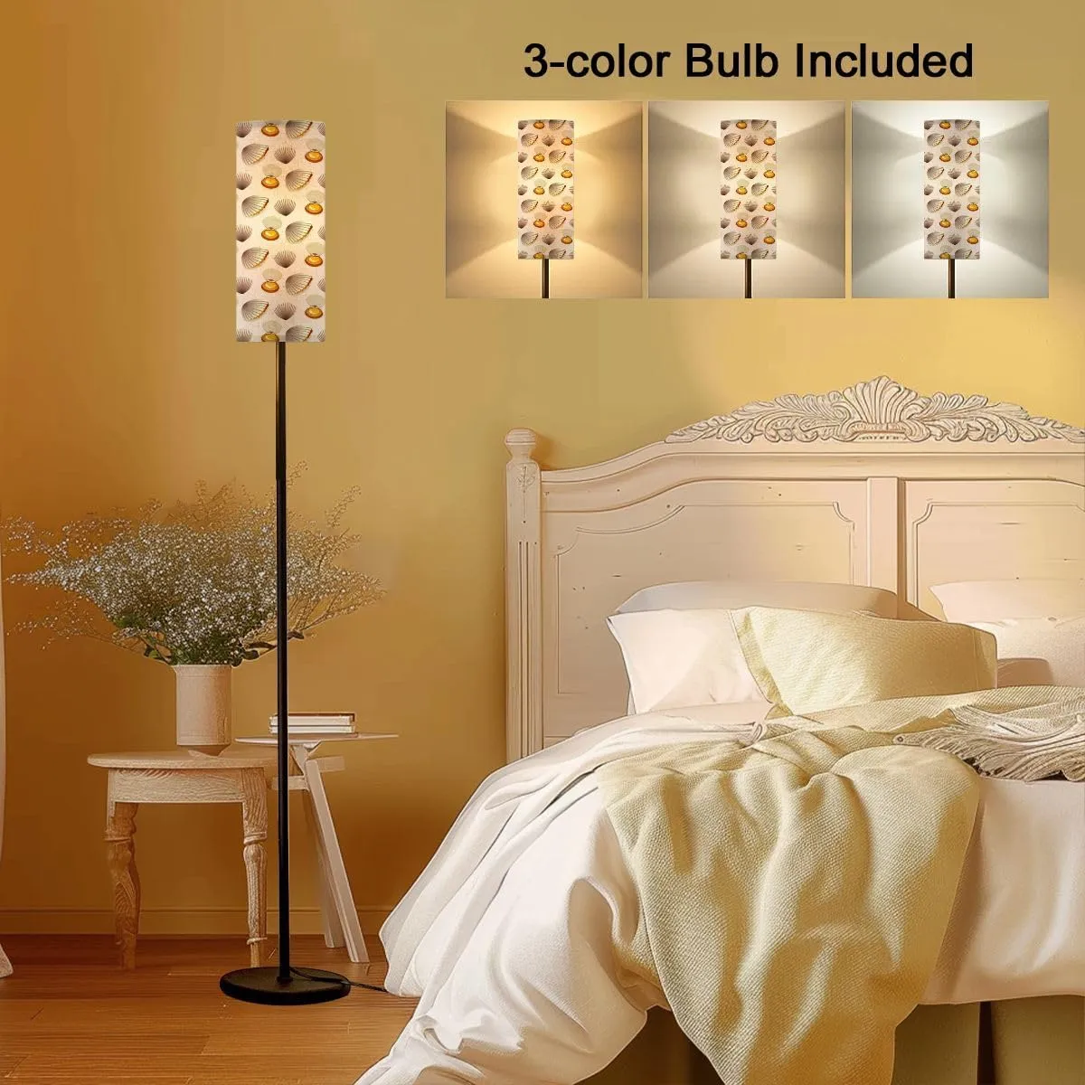 Seamless Pattern Various Shell Shapes Graphic sea Shells Modern Floor Lamp Minimalist Standing Lamps for Living Room LED Corner Lamp Remote Control Metal Pole Lamp for Bedroom, Reading