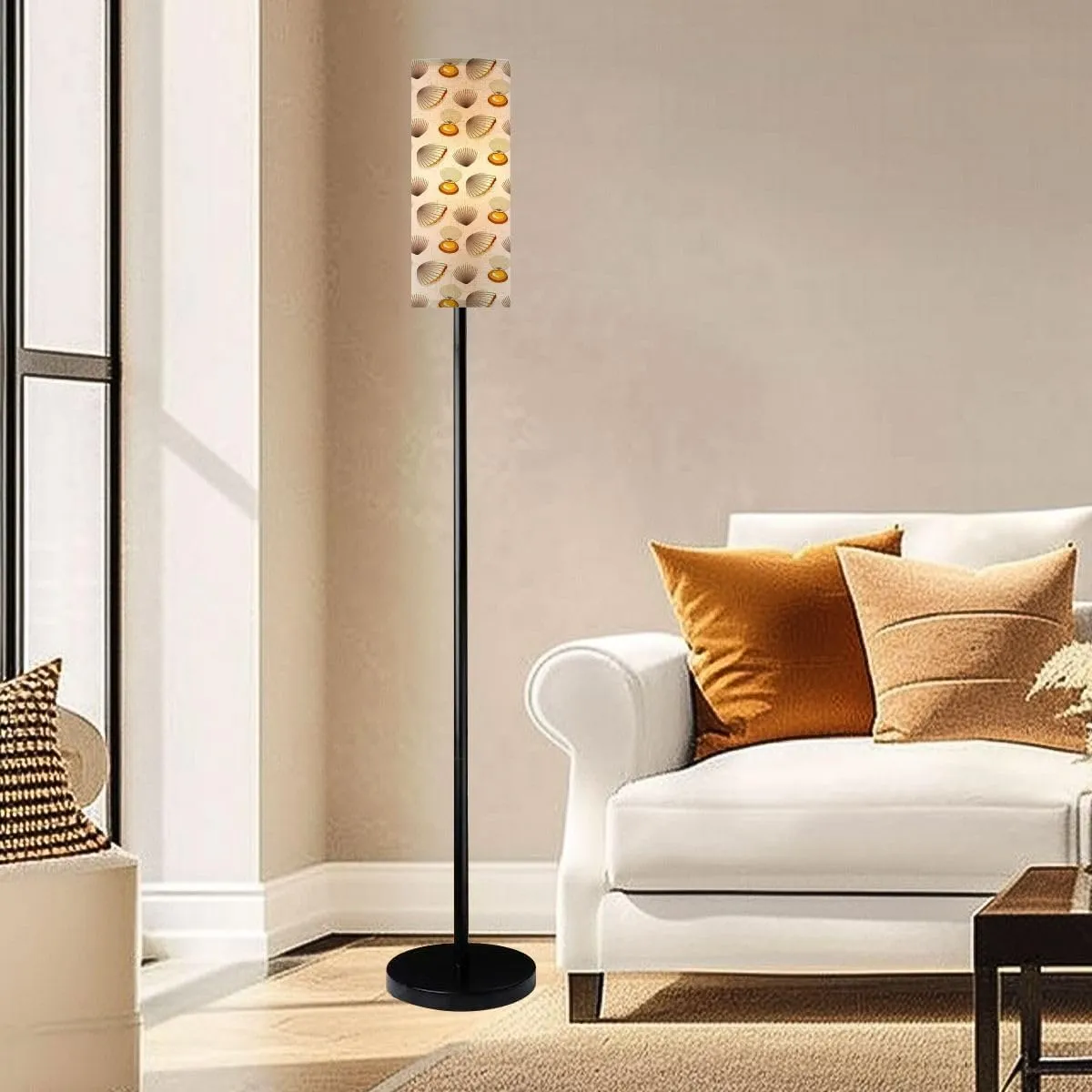 Seamless Pattern Various Shell Shapes Graphic sea Shells Modern Floor Lamp Minimalist Standing Lamps for Living Room LED Corner Lamp Remote Control Metal Pole Lamp for Bedroom, Reading