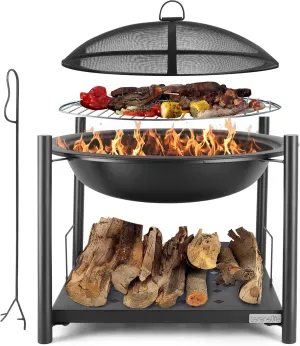 SereneLife 26" Outdoor Wood Fire Pit with BBQ Grill, Mesh Screen, and Wood Storage – Heavy-Duty Steel Frame, Heat-Resistant – Ideal for Bonfires, Camping, and Outdoor Cooking