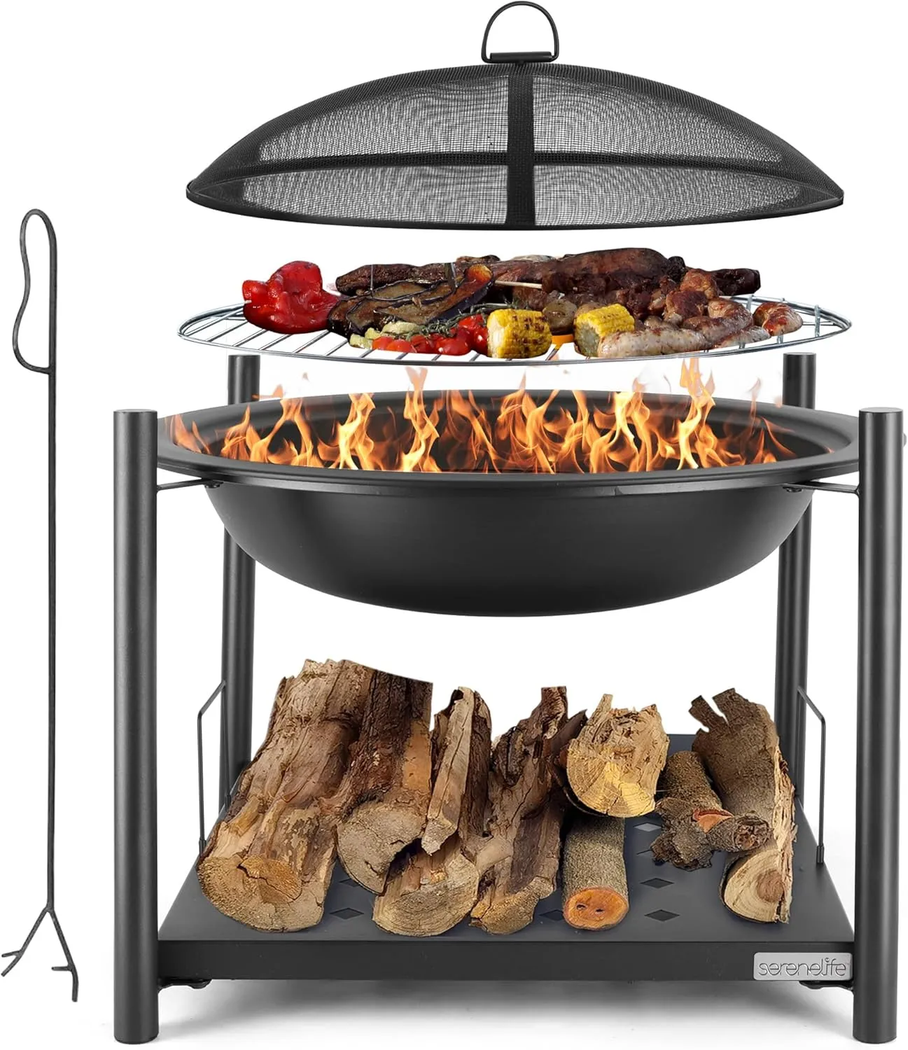 SereneLife 26" Outdoor Wood Fire Pit with BBQ Grill, Mesh Screen, and Wood Storage – Heavy-Duty Steel Frame, Heat-Resistant – Ideal for Bonfires, Camping, and Outdoor Cooking