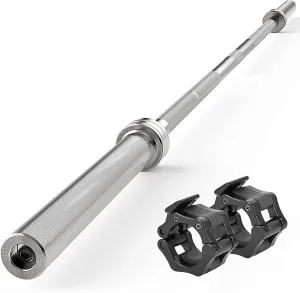 SereneLife Olympic Chrome Barbell Steel Bar, 7-Foot Weight Straight Solid Iron Weighted Workout Bar For Weightlifting, Power Lifting Strength Training Exercises, Perfect for Home Gym, 2 plastic clips