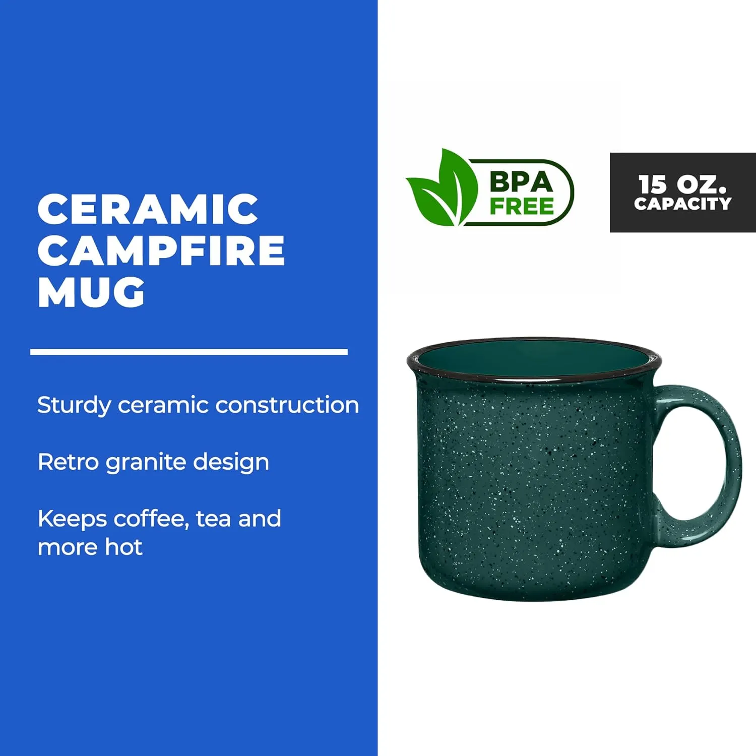 Set of 8 Ceramic Campfire Mugs – 15 Oz, Green – Coffee & Tea Cups for Home, Work, Travel, Camping – Customizable, Great for DIY, Events, Companies