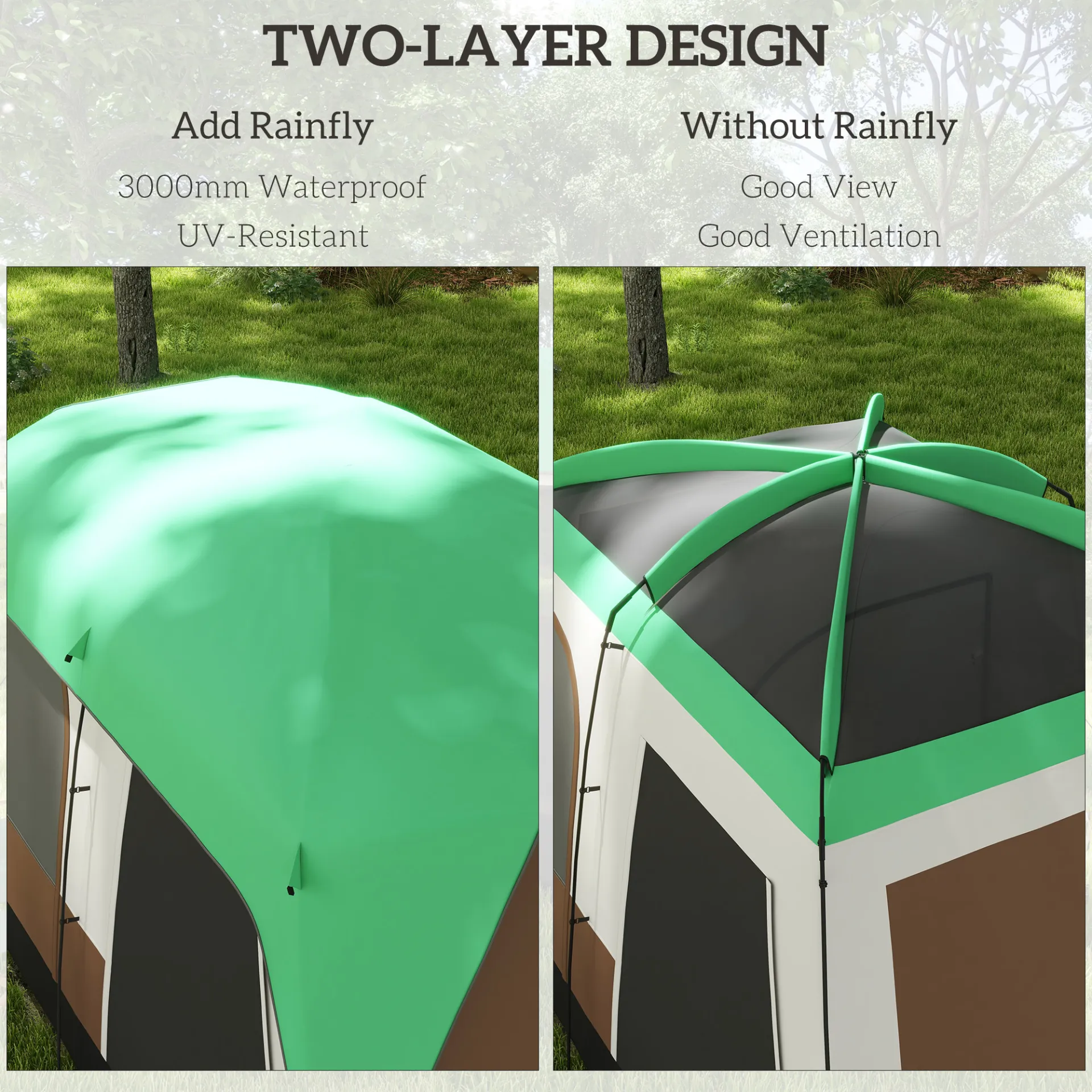 Seven-Man Camping Tent, with Small Rainfly and Accessories in Green | Outsunny