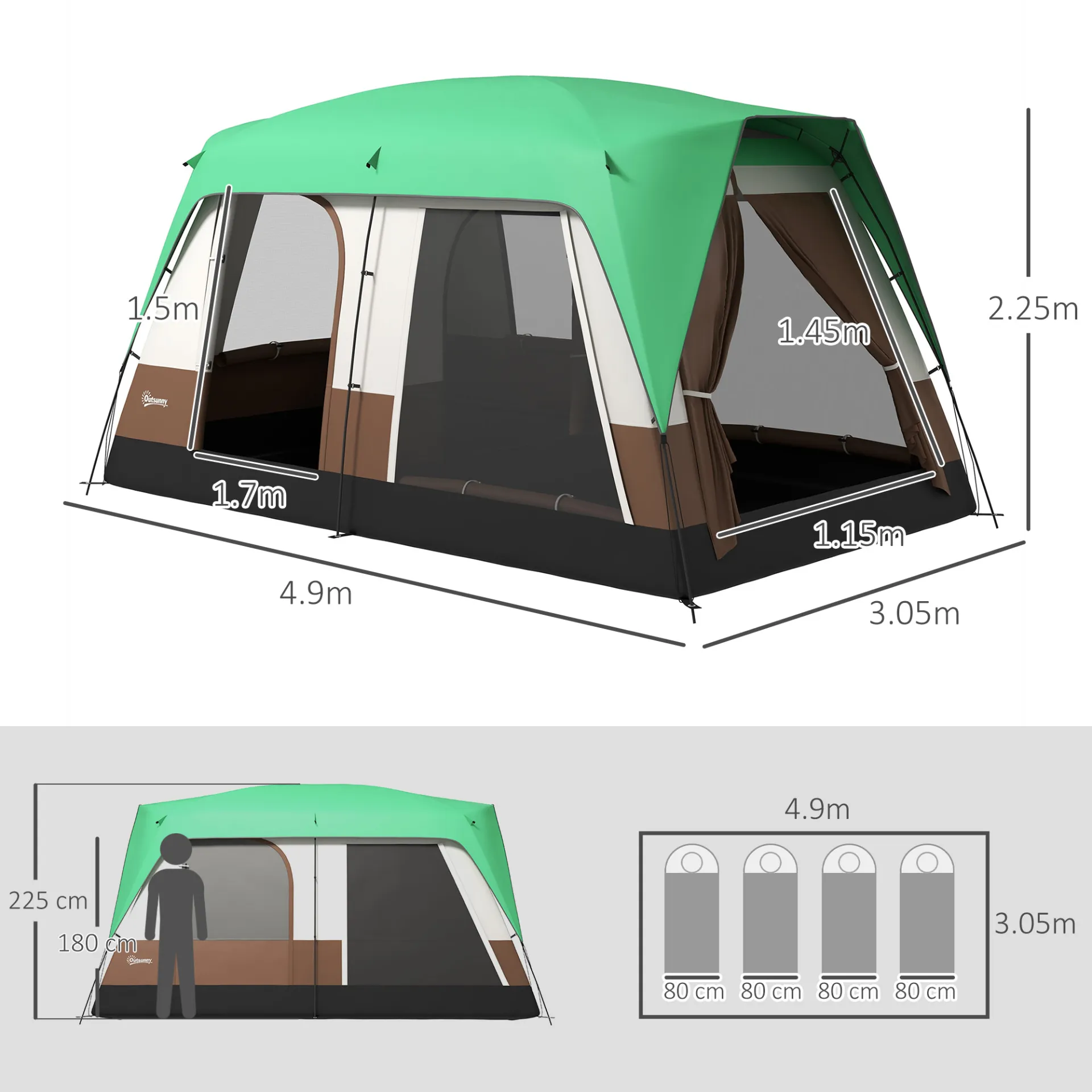 Seven-Man Camping Tent, with Small Rainfly and Accessories in Green | Outsunny