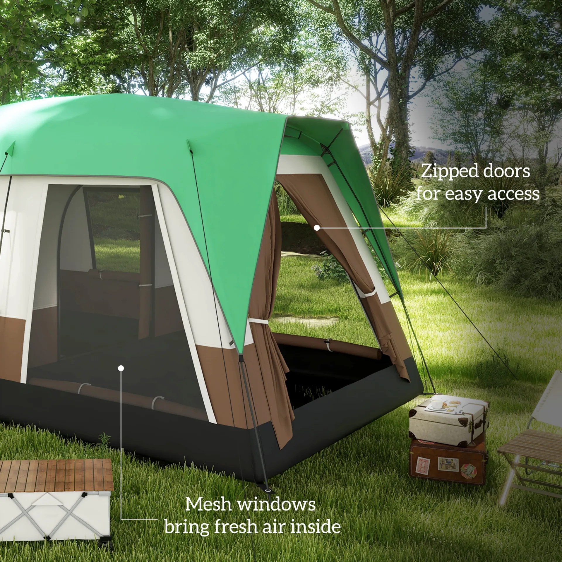 Seven-Man Camping Tent, with Small Rainfly and Accessories in Green | Outsunny