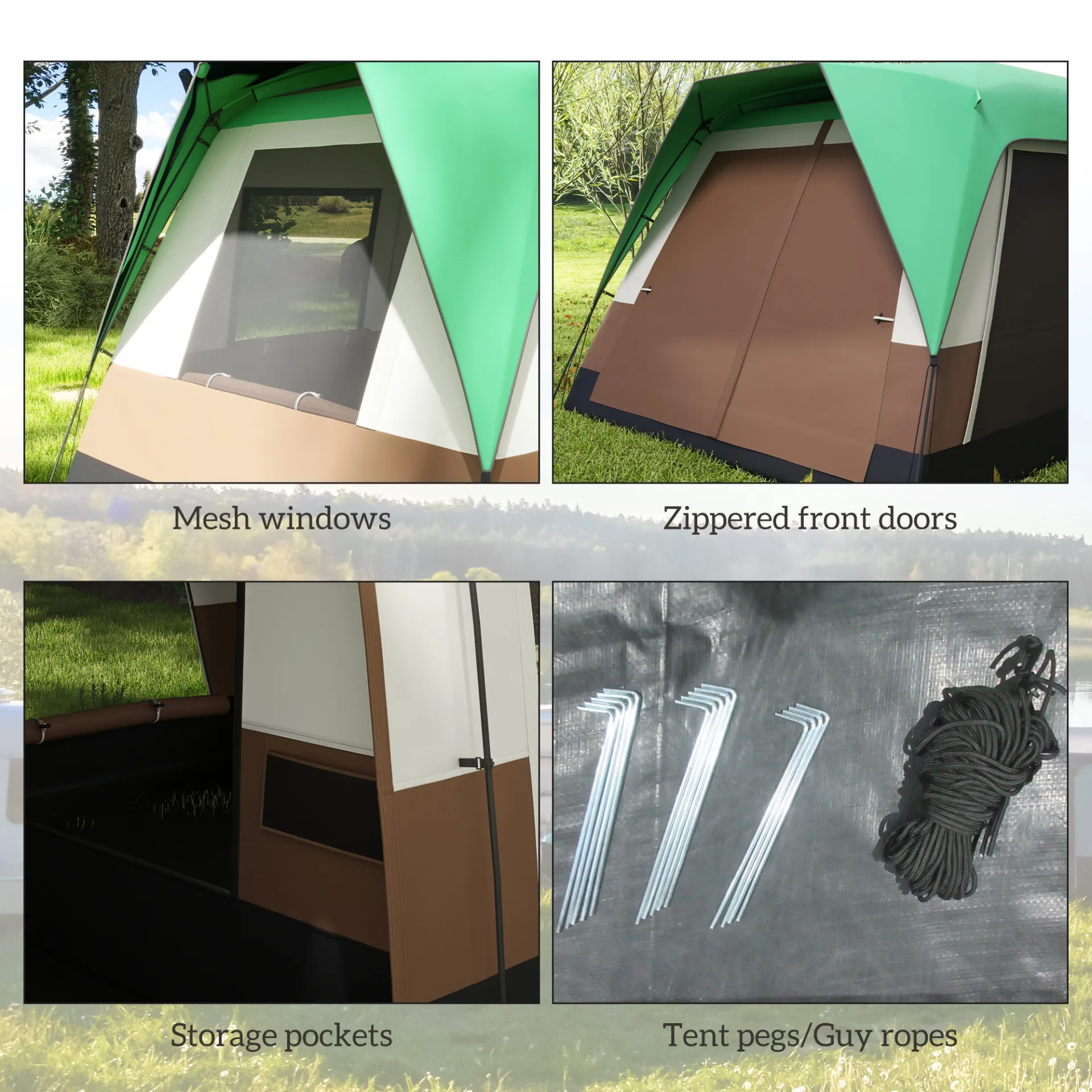 Seven-Man Camping Tent, with Small Rainfly and Accessories in Green | Outsunny