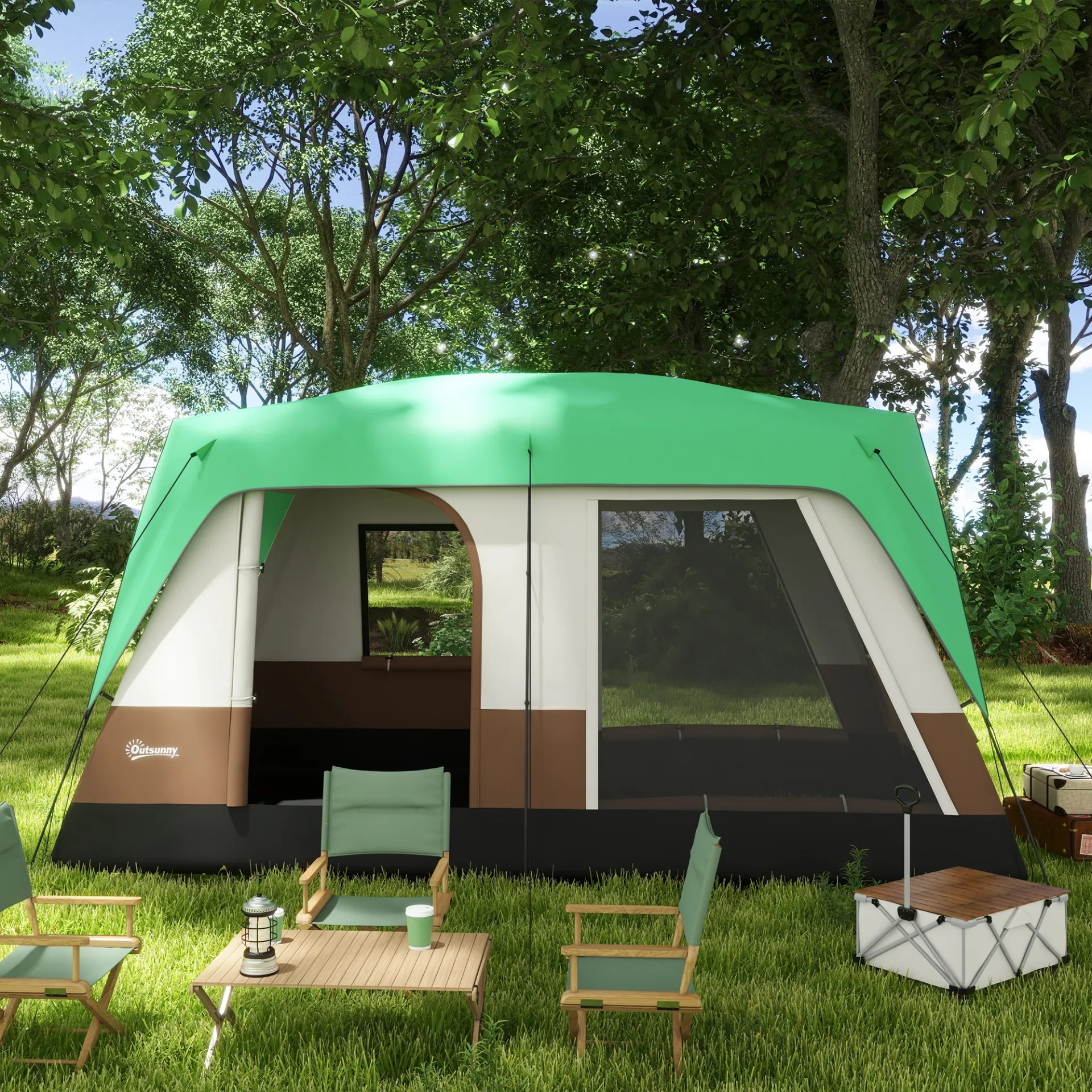 Seven-Man Camping Tent, with Small Rainfly and Accessories in Green | Outsunny