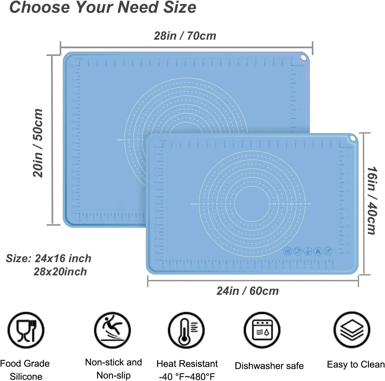 Silicone Baking Mat 24" x 16", Extra Thick Dough Rolling Mat with Measurements and Edge Heightening, Non-stick Food Grade Silicone Pastry Mat for for Pastry, Bread, Cookies, Pizza, Fondant, Pasta