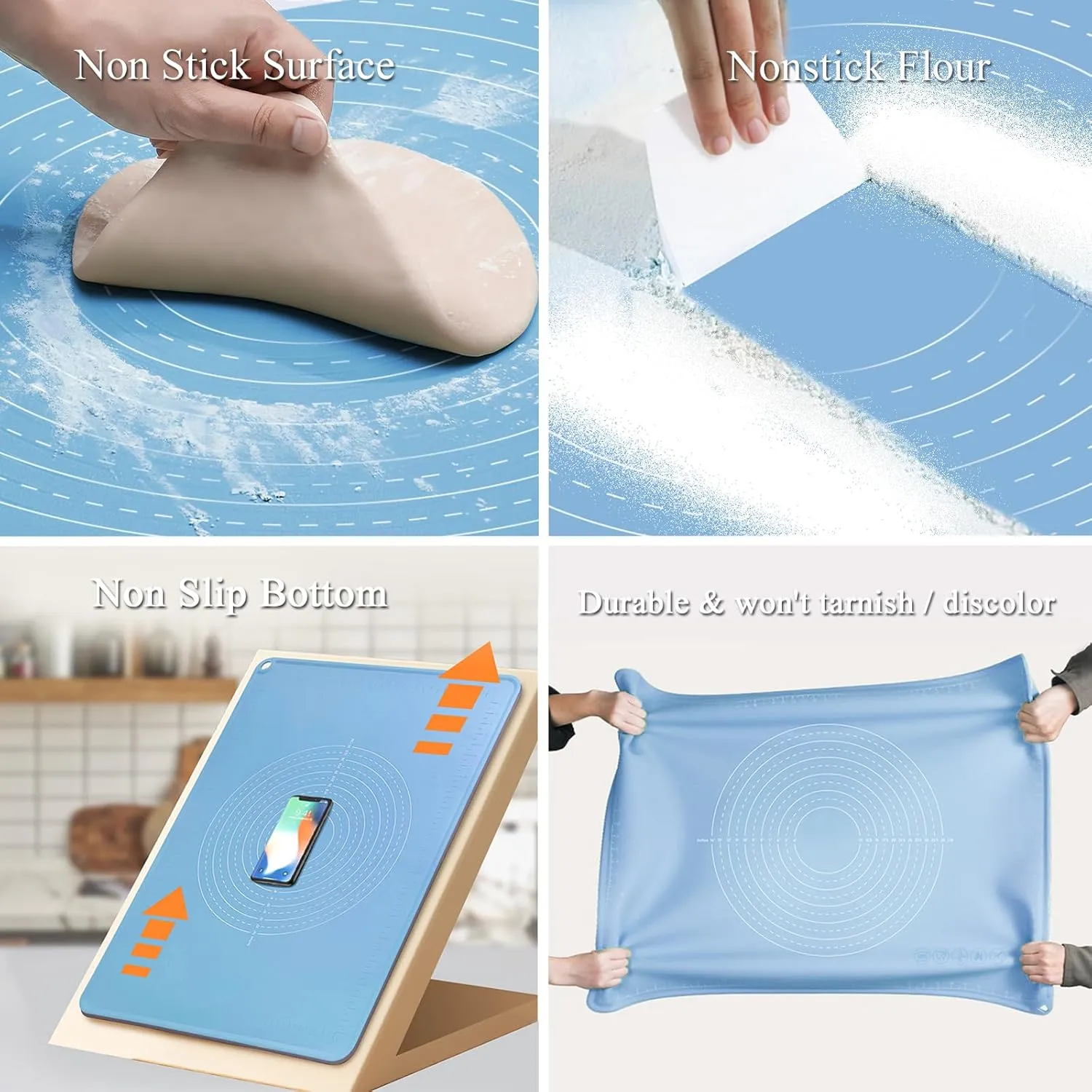 Silicone Baking Mat 24" x 16", Extra Thick Dough Rolling Mat with Measurements and Edge Heightening, Non-stick Food Grade Silicone Pastry Mat for for Pastry, Bread, Cookies, Pizza, Fondant, Pasta