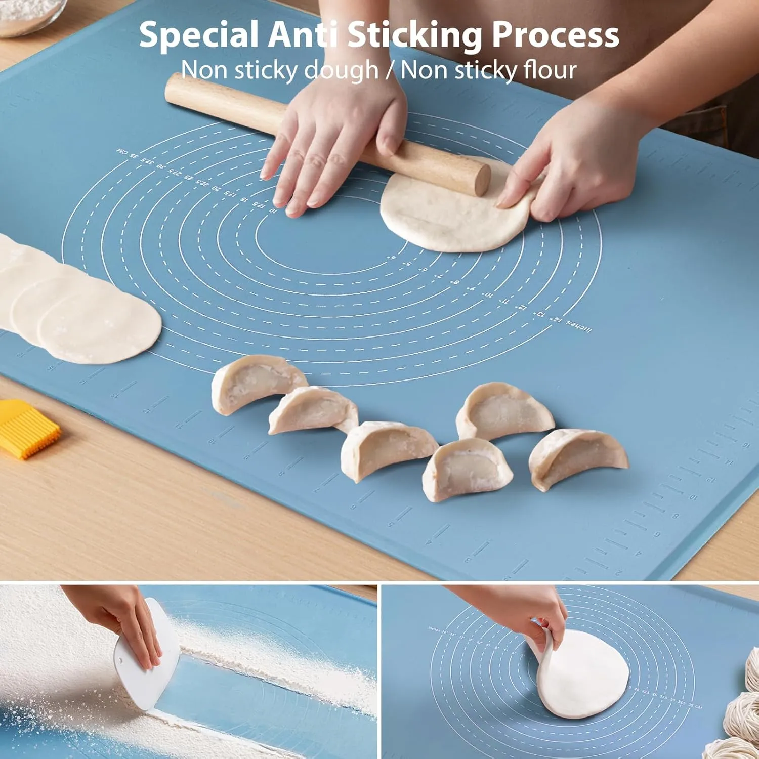 Silicone Baking Mat 24" x 16", Extra Thick Dough Rolling Mat with Measurements and Edge Heightening, Non-stick Food Grade Silicone Pastry Mat for for Pastry, Bread, Cookies, Pizza, Fondant, Pasta