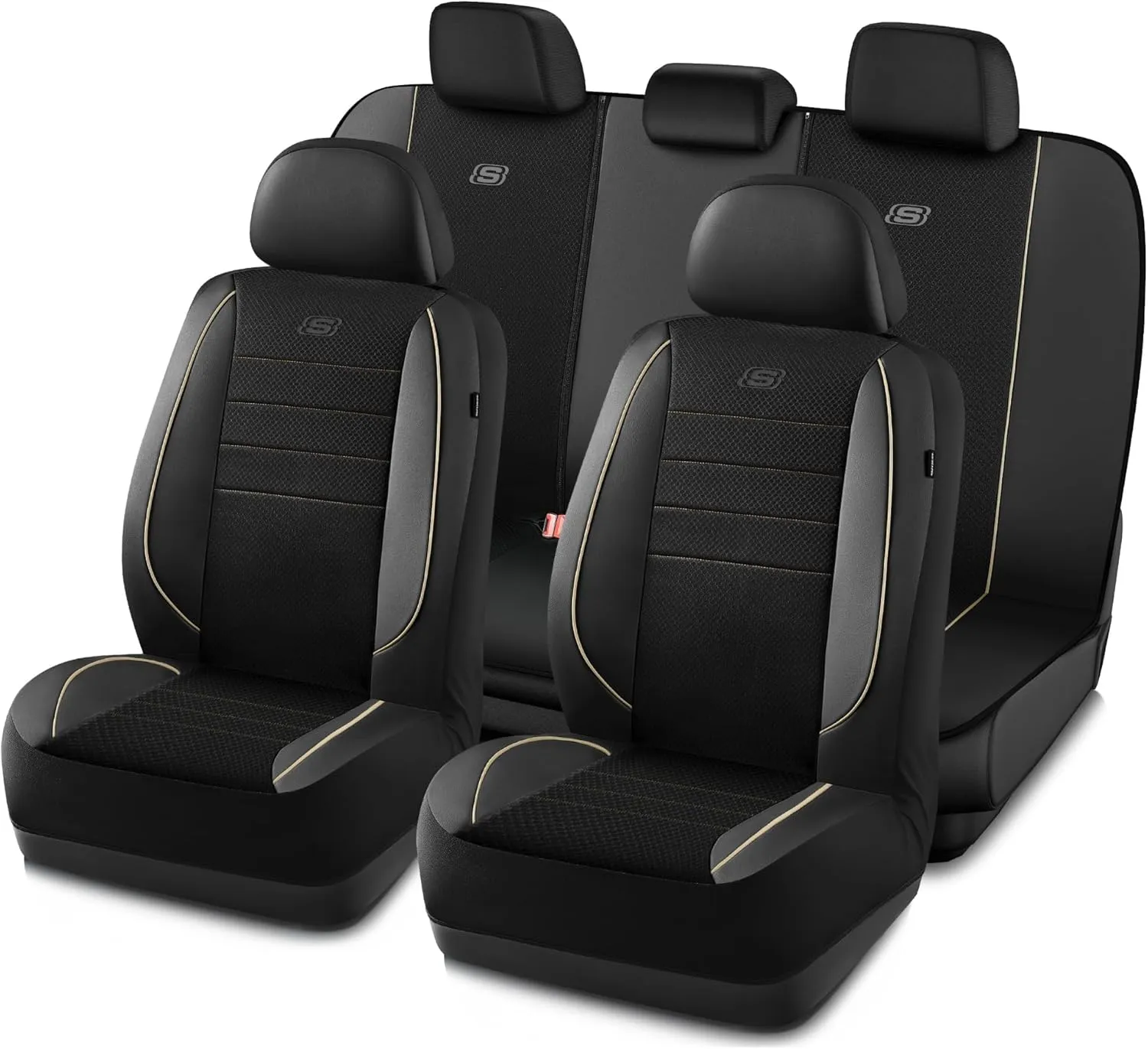 Skechers Memory Foam Car Seat Cover,Air Cool Mesh Thick Seat Covers,Piping Leather Car Seat Protector Full Sets,Airbag Compatible,Automotive Comfort Seat Covers for Most Cars,Vans,Trucks,SUV,Beige