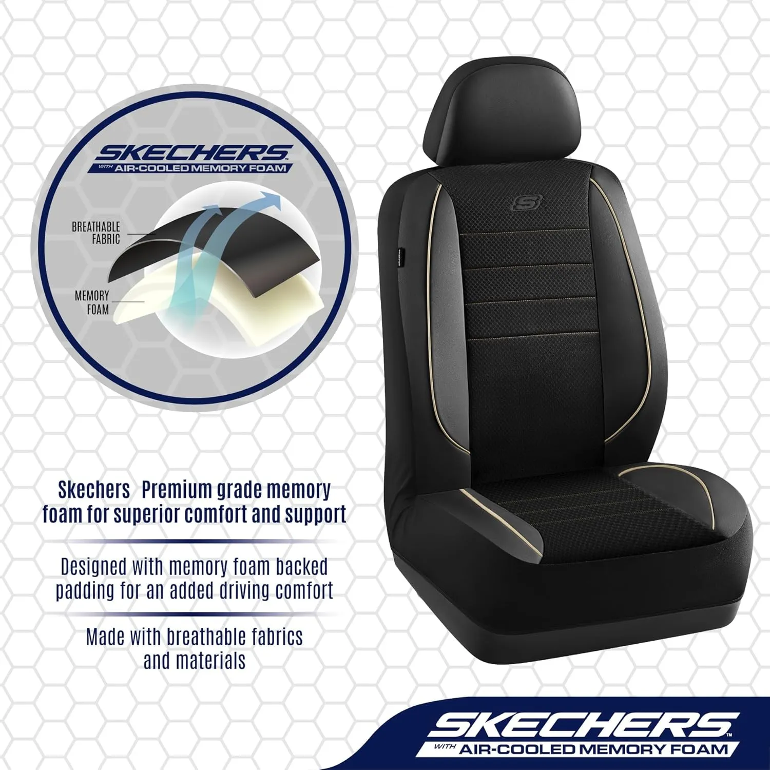 Skechers Memory Foam Car Seat Cover,Air Cool Mesh Thick Seat Covers,Piping Leather Car Seat Protector Full Sets,Airbag Compatible,Automotive Comfort Seat Covers for Most Cars,Vans,Trucks,SUV,Beige