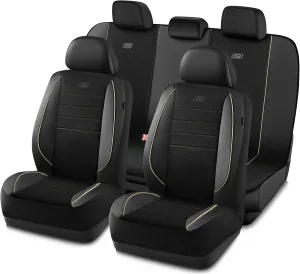 Skechers Memory Foam Car Seat Cover,Air Cool Mesh Thick Seat Covers,Piping Leather Car Seat Protector Full Sets,Airbag Compatible,Automotive Comfort Seat Covers for Most Cars,Vans,Trucks,SUV,Beige