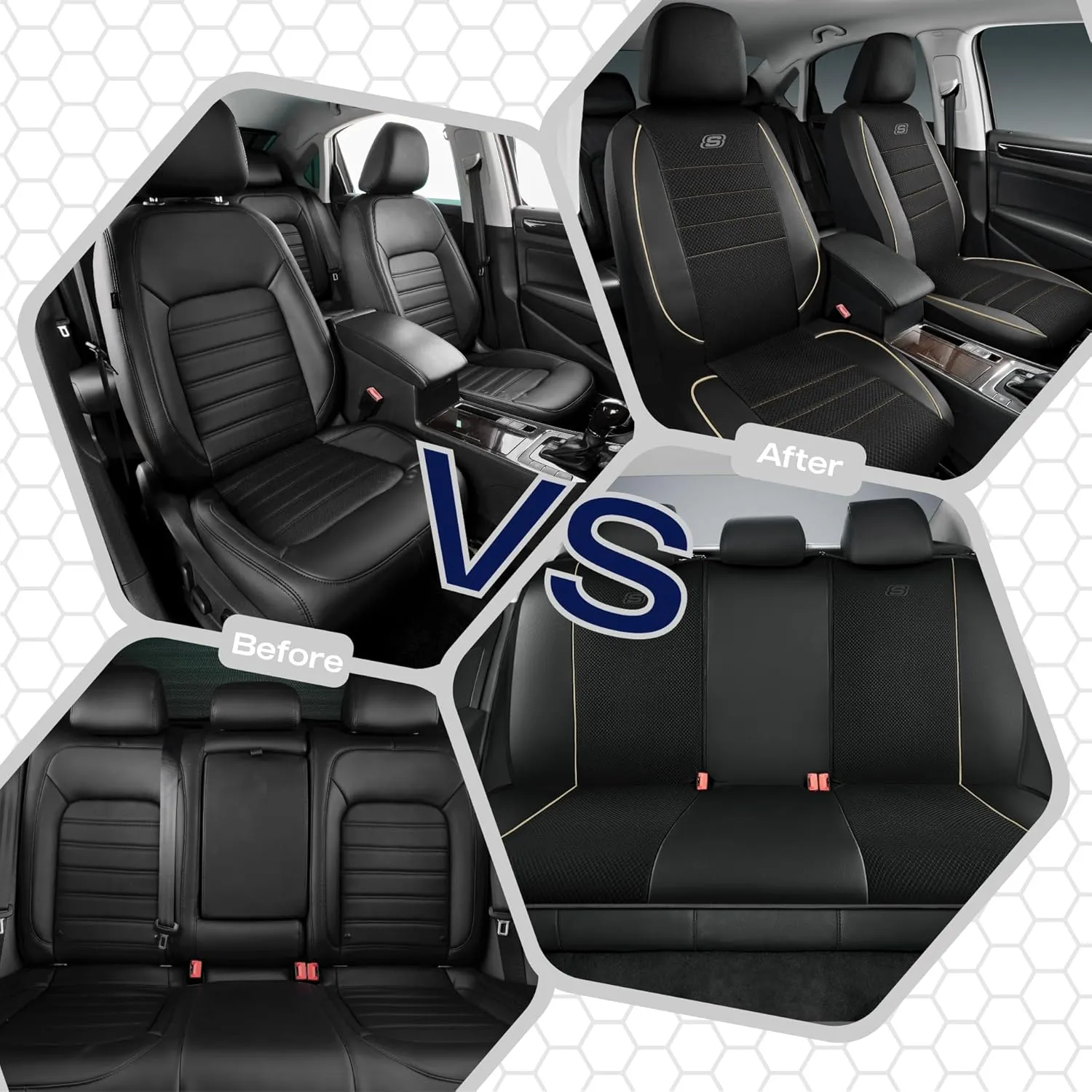 Skechers Memory Foam Car Seat Cover,Air Cool Mesh Thick Seat Covers,Piping Leather Car Seat Protector Full Sets,Airbag Compatible,Automotive Comfort Seat Covers for Most Cars,Vans,Trucks,SUV,Beige