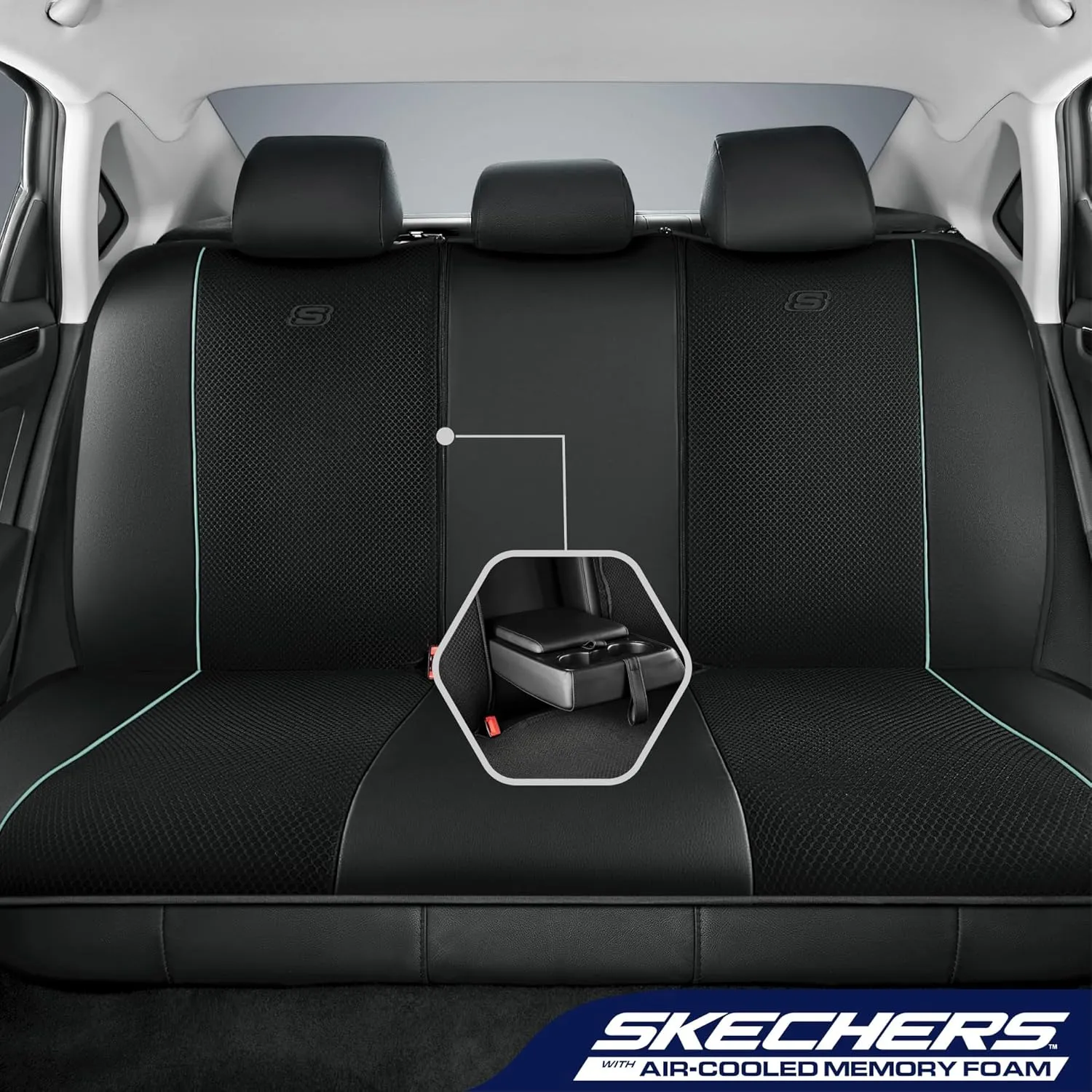 Skechers Memory Foam Car Seat Cover,Air Cool Mesh Thick Seat Covers,Piping Leather Car Seat Protector,Airbag Compatible,Automotive Comfort Seat Covers for Most Cars,Vans,Trucks,SUV(Mint,Full Set)