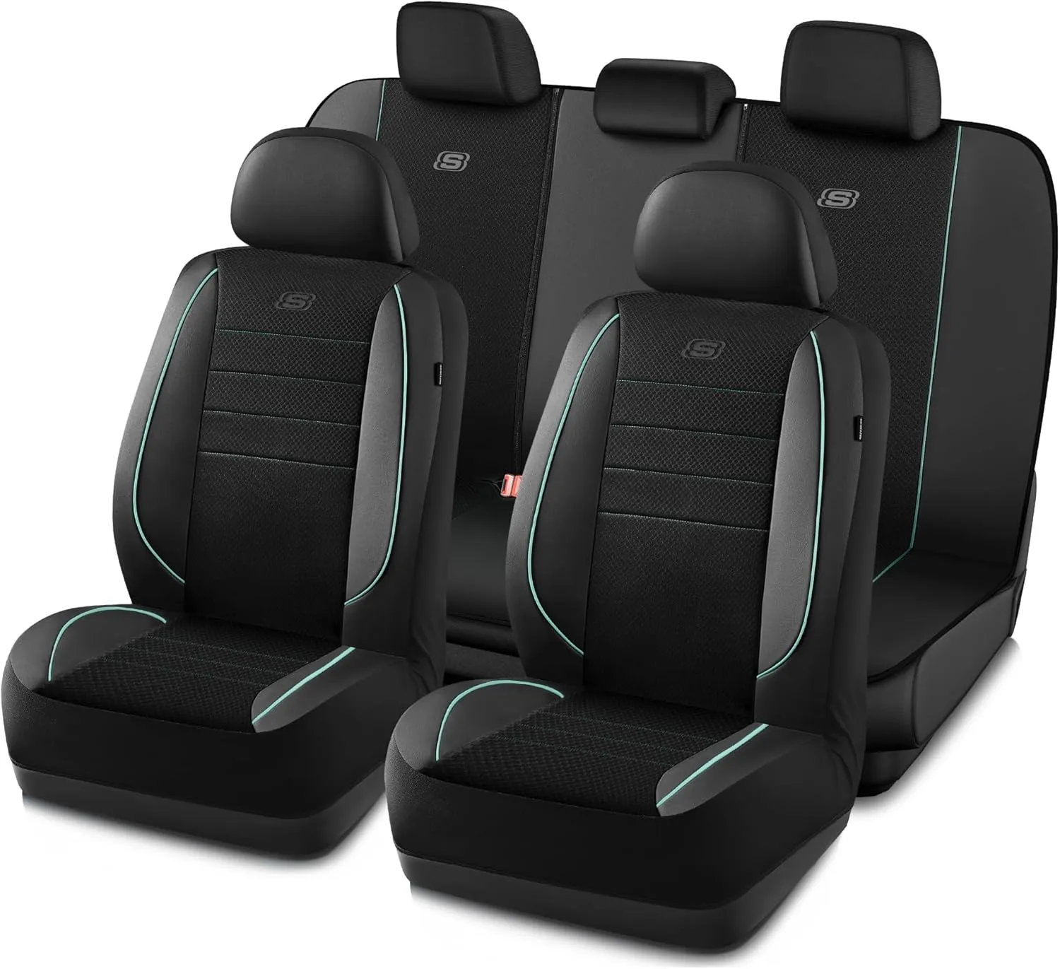 Skechers Memory Foam Car Seat Cover,Air Cool Mesh Thick Seat Covers,Piping Leather Car Seat Protector,Airbag Compatible,Automotive Comfort Seat Covers for Most Cars,Vans,Trucks,SUV(Mint,Full Set)