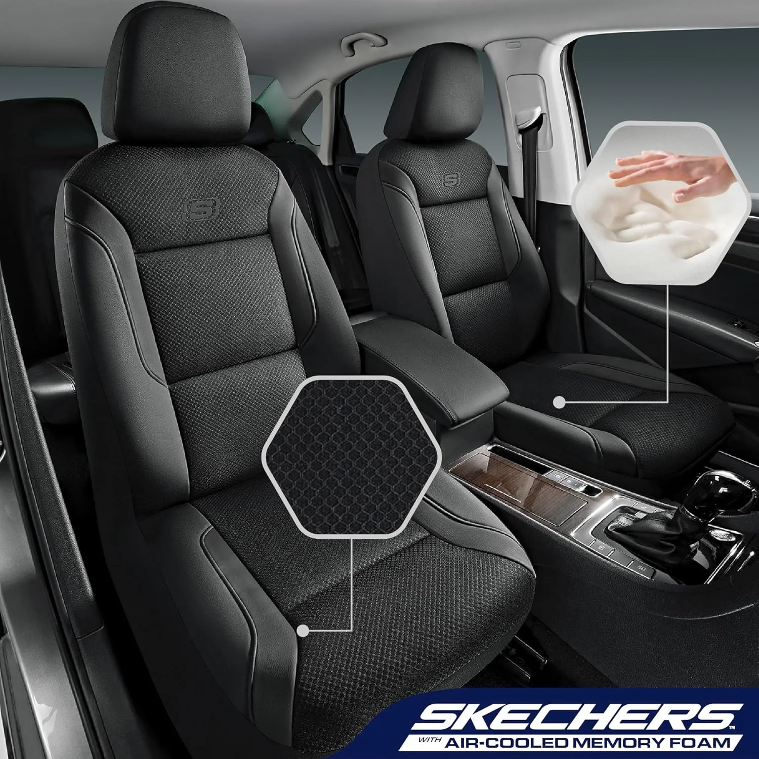 Skechers Memory Foam Car Seat Covers, Air Cool Mesh Thick Seat Covers, Airbag Compatible Car Seat Protector, Automotive Comfort Protection for Most Cars,Vans,Trucks, SUVs,Black