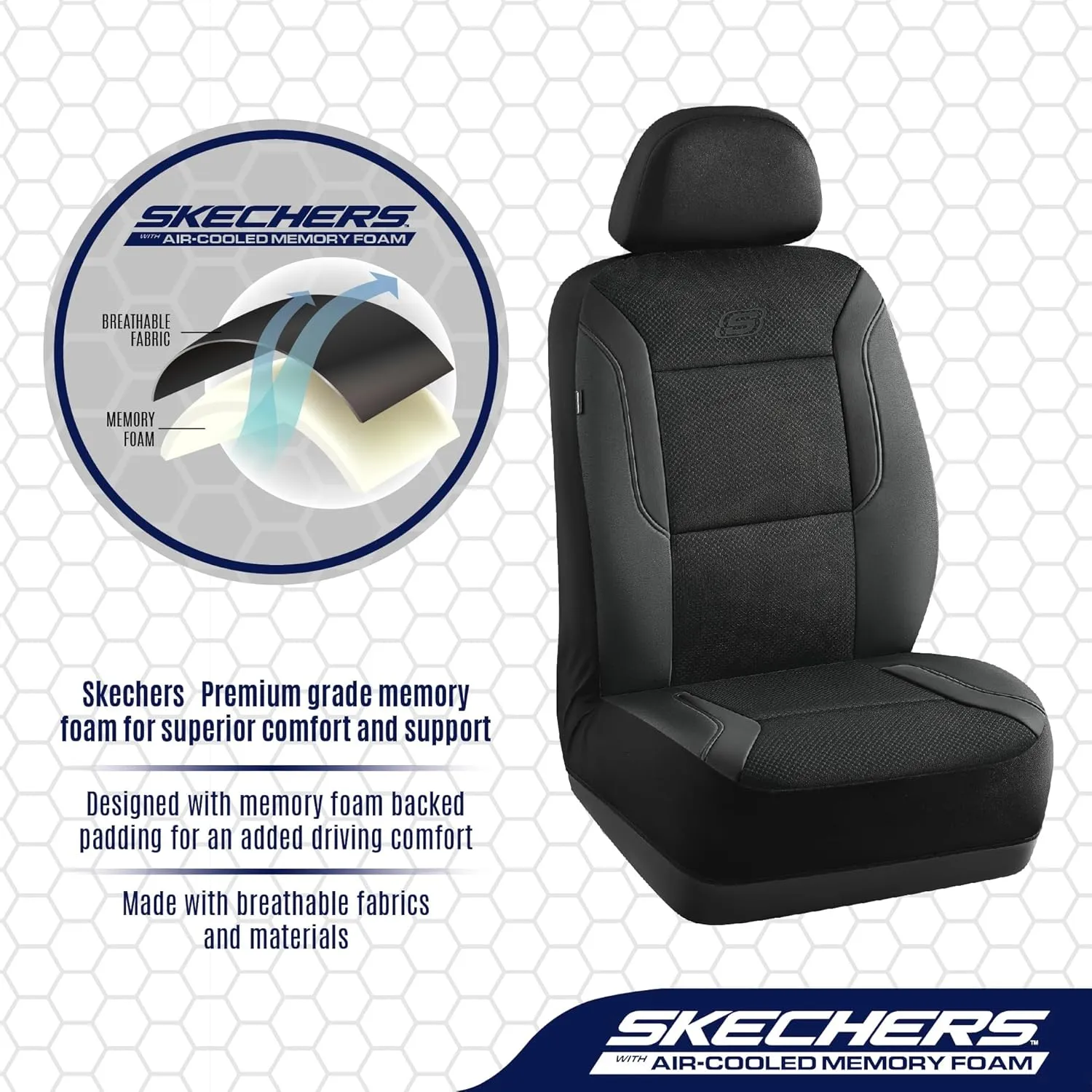 Skechers Memory Foam Car Seat Covers, Air Cool Mesh Thick Seat Covers, Airbag Compatible Car Seat Protector, Automotive Comfort Protection for Most Cars,Vans,Trucks, SUVs,Black