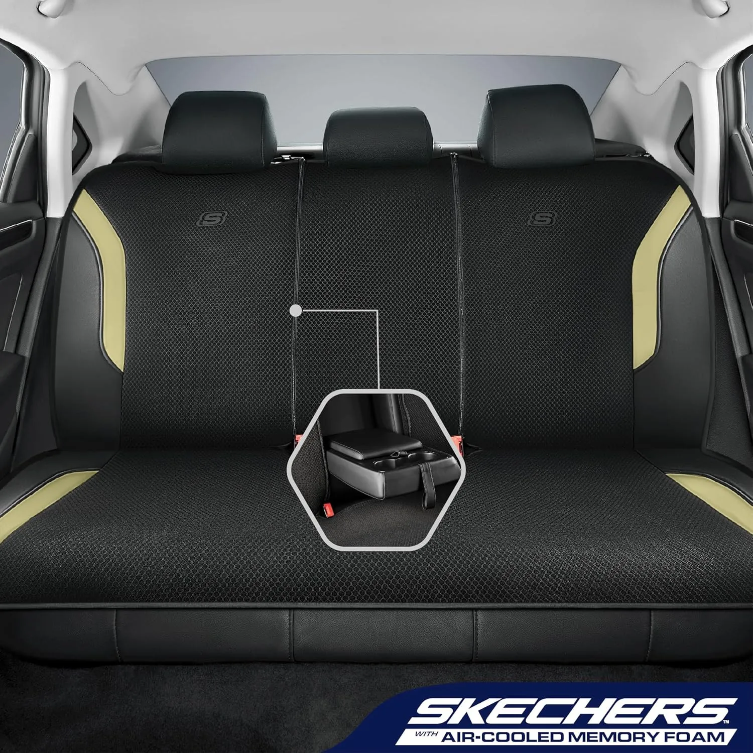 Skechers Memory Foam Car Seat Covers, Air Cool Mesh Thick Seat Covers, Car Seat Protector Full Sets, Airbag Compatible, Automotive Comfort Protection for Most Cars,Vans,Trucks, SUVs,Beige