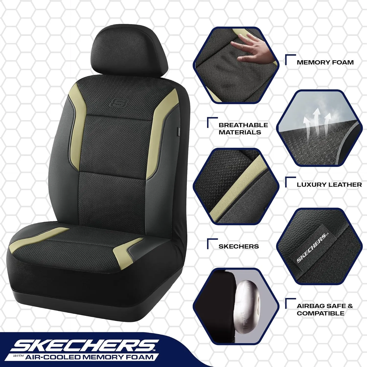 Skechers Memory Foam Car Seat Covers, Air Cool Mesh Thick Seat Covers, Car Seat Protector Full Sets, Airbag Compatible, Automotive Comfort Protection for Most Cars,Vans,Trucks, SUVs,Beige