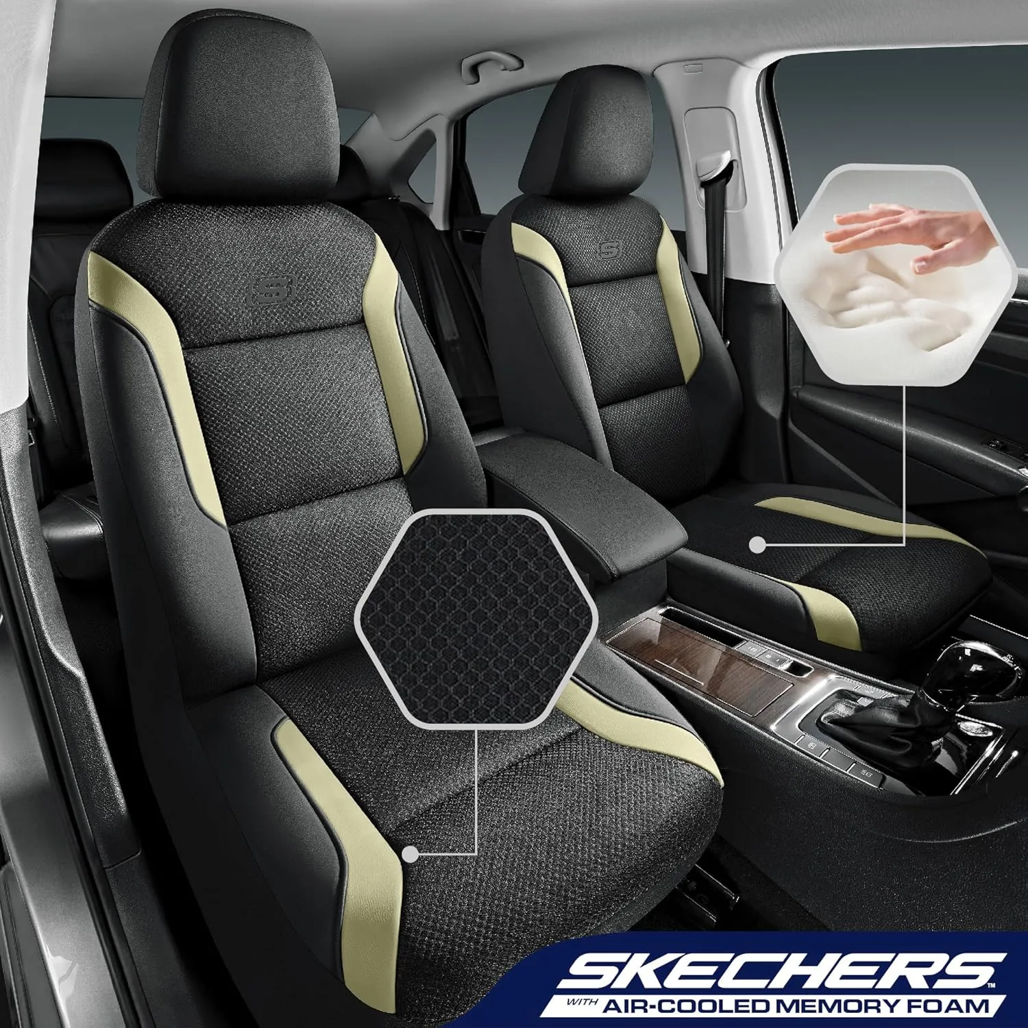 Skechers Memory Foam Car Seat Covers, Air Cool Mesh Thick Seat Covers, Car Seat Protector Full Sets, Airbag Compatible, Automotive Comfort Protection for Most Cars,Vans,Trucks, SUVs,Beige