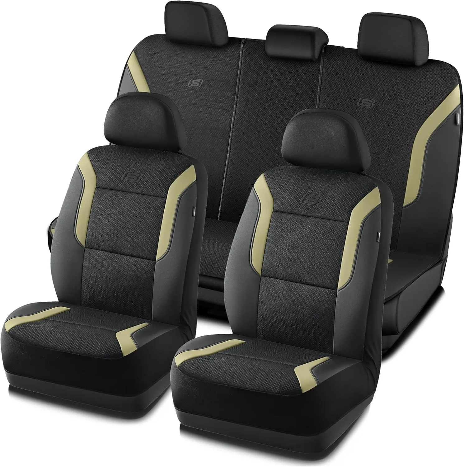 Skechers Memory Foam Car Seat Covers, Air Cool Mesh Thick Seat Covers, Car Seat Protector Full Sets, Airbag Compatible, Automotive Comfort Protection for Most Cars,Vans,Trucks, SUVs,Beige