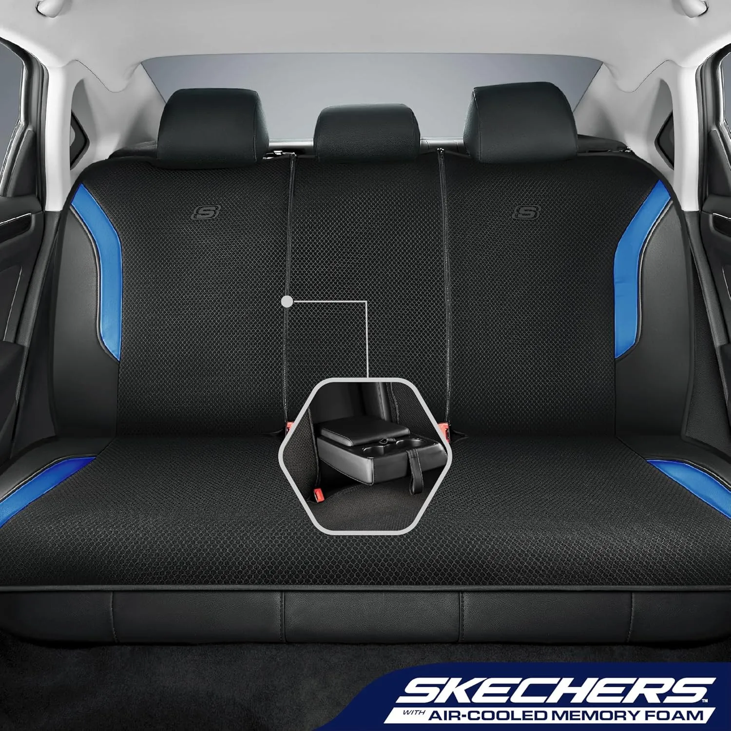 Skechers Memory Foam Car Seat Covers, Air Cool Mesh Thick Seat Covers, Car Seat Protector Full Sets, Airbag Compatible, Automotive Comfort Protection for Most Cars,Vans,Trucks, SUVs,Blue