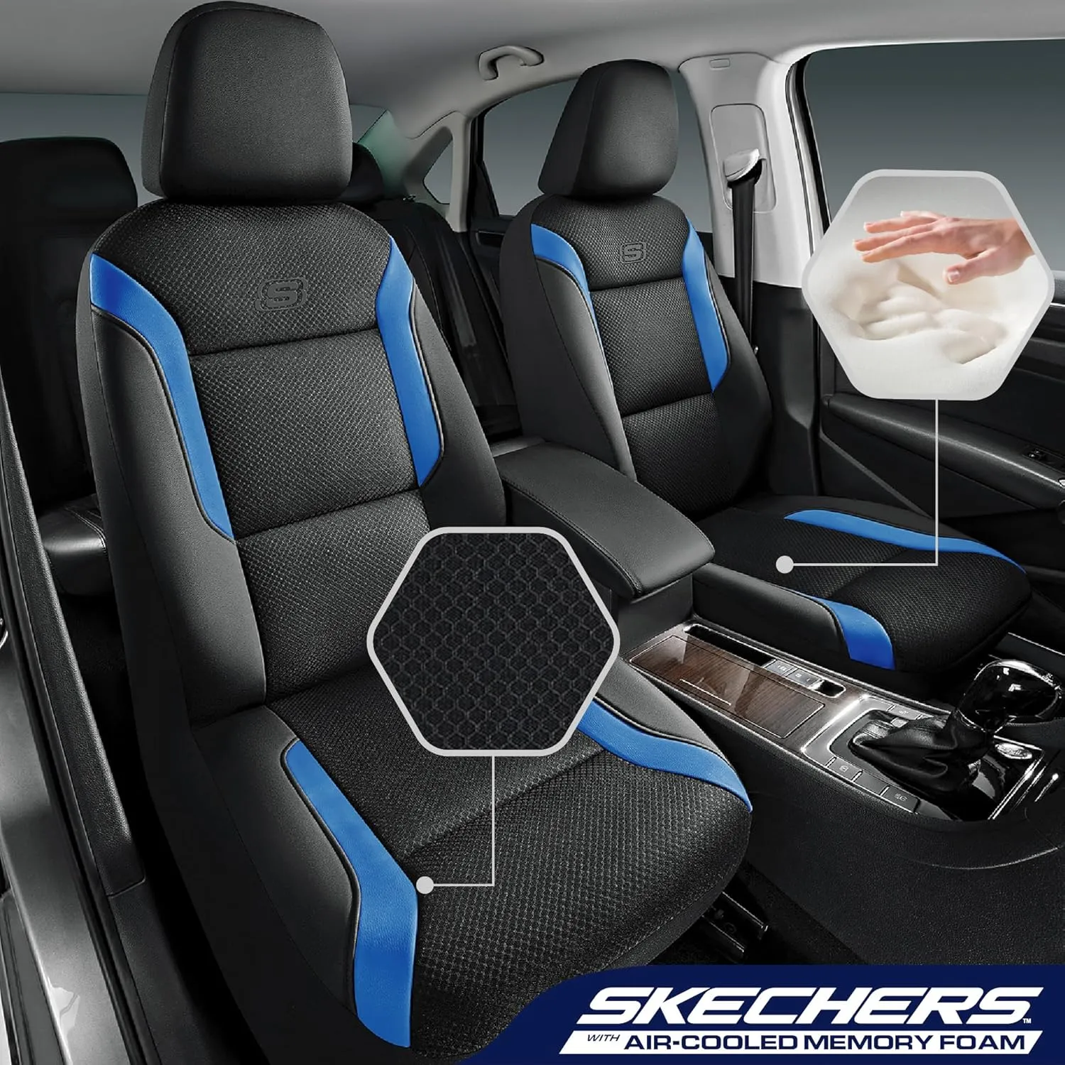 Skechers Memory Foam Car Seat Covers, Air Cool Mesh Thick Seat Covers, Car Seat Protector Full Sets, Airbag Compatible, Automotive Comfort Protection for Most Cars,Vans,Trucks, SUVs,Blue