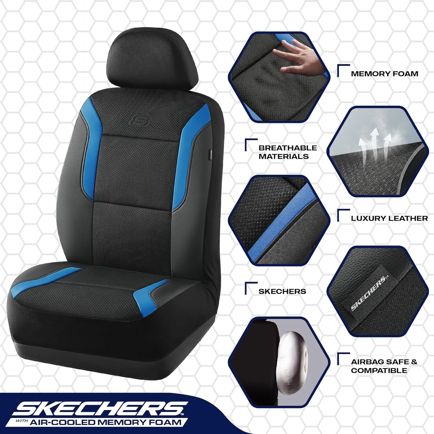 Skechers Memory Foam Car Seat Covers, Air Cool Mesh Thick Seat Covers, Car Seat Protector Full Sets, Airbag Compatible, Automotive Comfort Protection for Most Cars,Vans,Trucks, SUVs,Blue