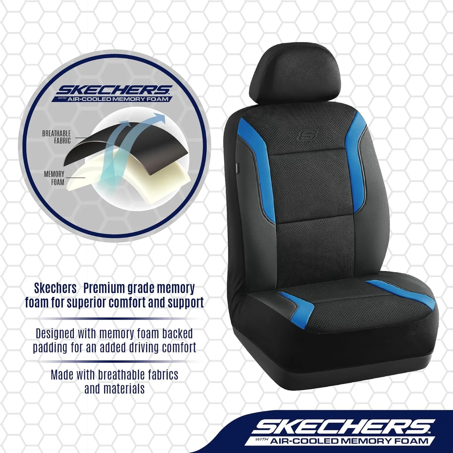 Skechers Memory Foam Car Seat Covers, Air Cool Mesh Thick Seat Covers, Car Seat Protector Full Sets, Airbag Compatible, Automotive Comfort Protection for Most Cars,Vans,Trucks, SUVs,Blue
