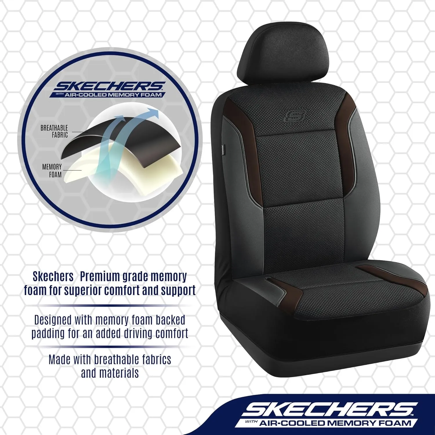 Skechers Memory Foam Car Seat Covers, Air Cool Mesh Thick Seat Covers, Car Seat Protector Full Sets, Airbag Compatible, Automotive Comfort Protection for Most Cars,Vans,Trucks, SUVs,Brown
