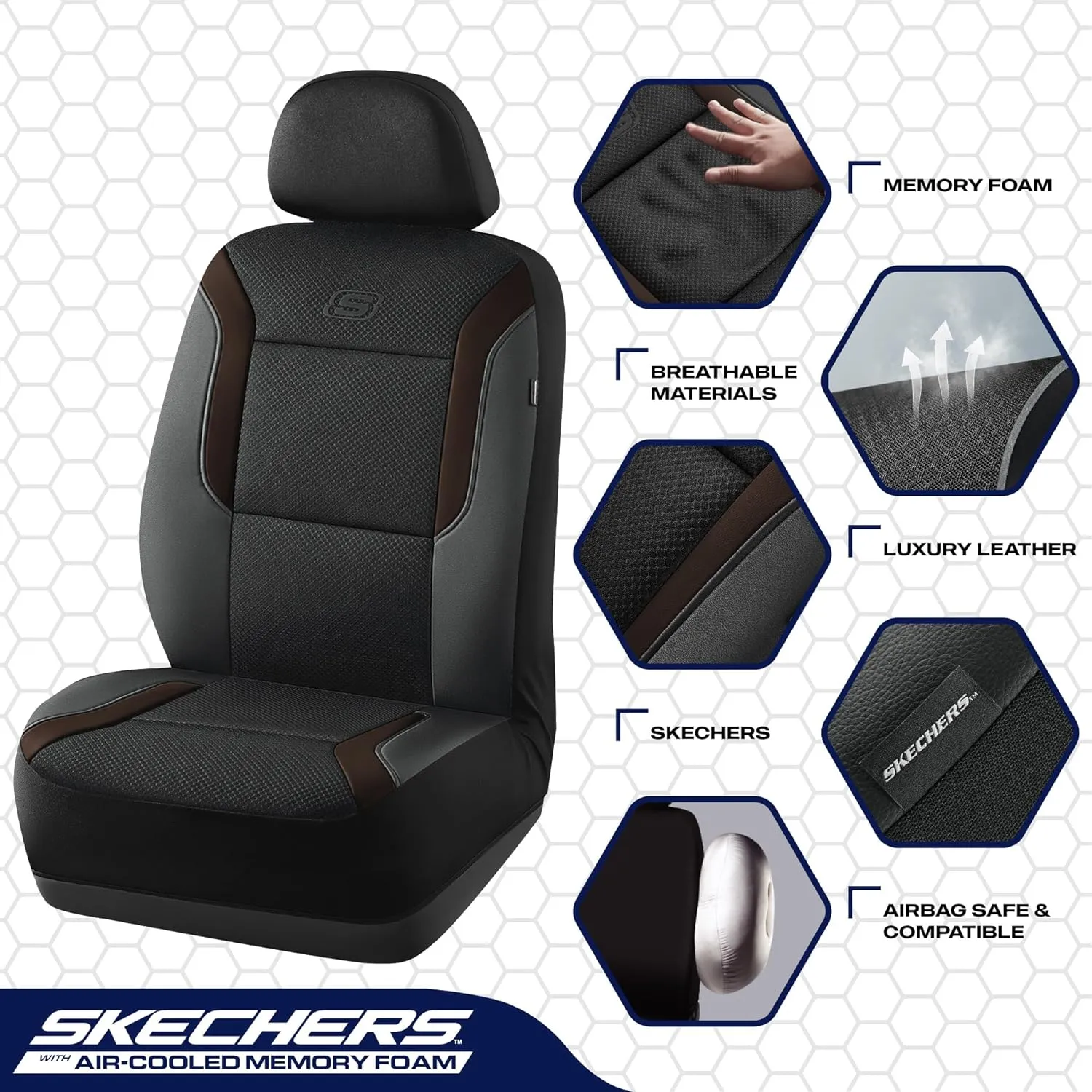 Skechers Memory Foam Car Seat Covers, Air Cool Mesh Thick Seat Covers, Car Seat Protector Full Sets, Airbag Compatible, Automotive Comfort Protection for Most Cars,Vans,Trucks, SUVs,Brown