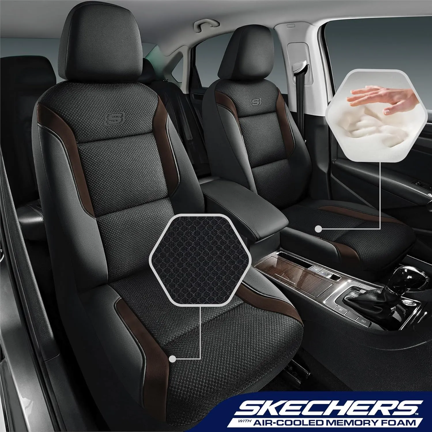 Skechers Memory Foam Car Seat Covers, Air Cool Mesh Thick Seat Covers, Car Seat Protector Full Sets, Airbag Compatible, Automotive Comfort Protection for Most Cars,Vans,Trucks, SUVs,Brown