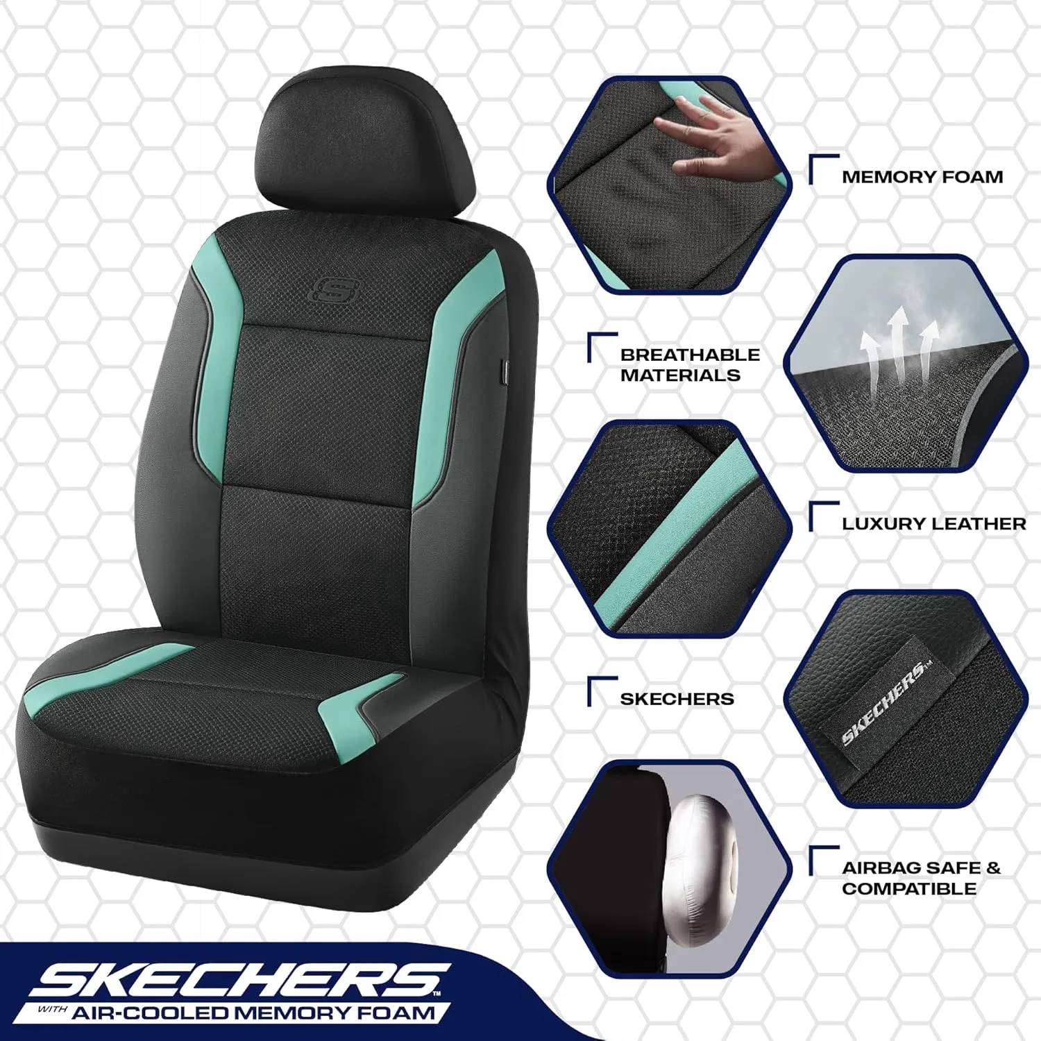 Skechers Memory Foam Car Seat Covers, Air Cool Mesh Thick Seat Covers, Car Seat Protector Full Sets, Airbag Compatible, Automotive Comfort Protection for Most Cars,Vans,Trucks, SUVs,Green