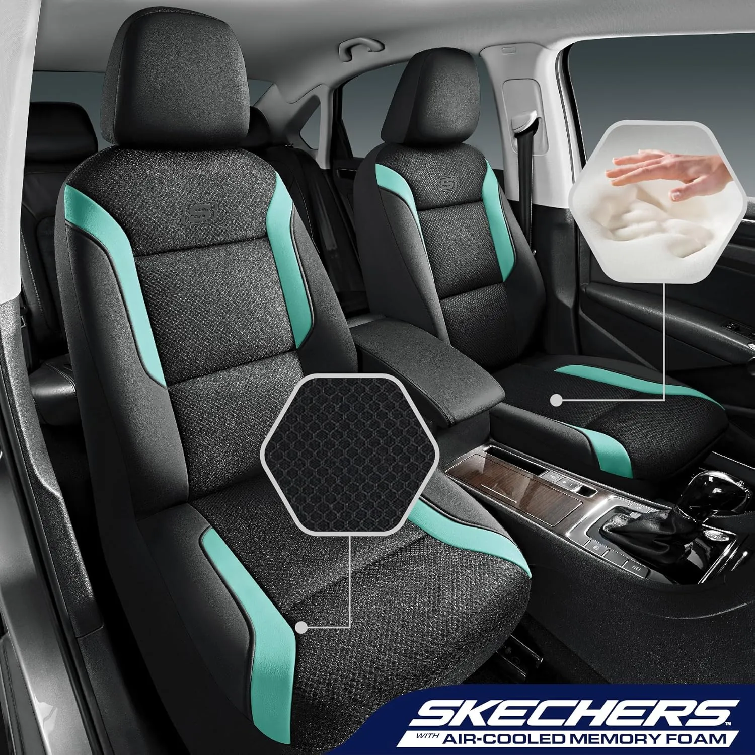 Skechers Memory Foam Car Seat Covers, Air Cool Mesh Thick Seat Covers, Car Seat Protector Full Sets, Airbag Compatible, Automotive Comfort Protection for Most Cars,Vans,Trucks, SUVs,Green
