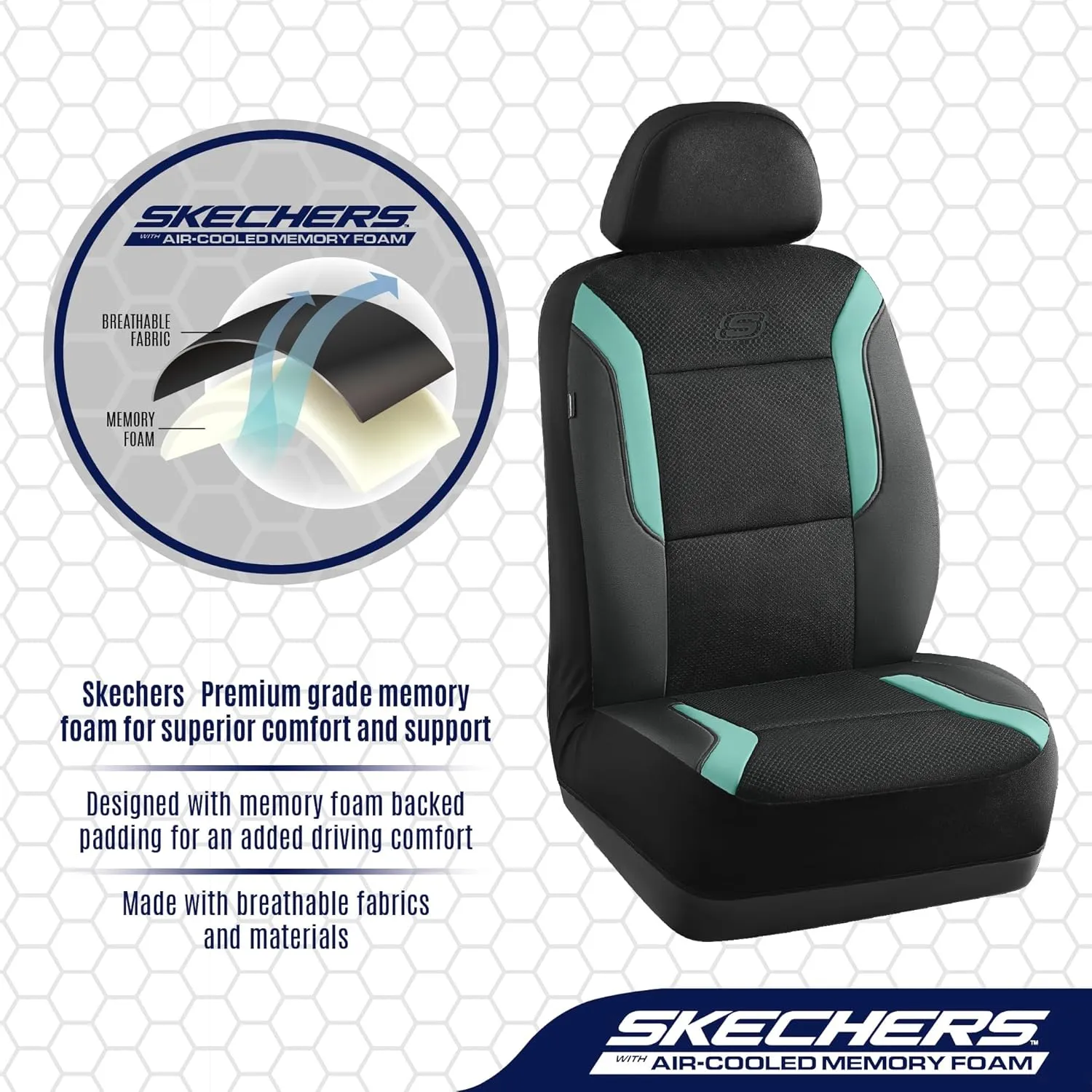 Skechers Memory Foam Car Seat Covers, Air Cool Mesh Thick Seat Covers, Car Seat Protector Full Sets, Airbag Compatible, Automotive Comfort Protection for Most Cars,Vans,Trucks, SUVs,Green
