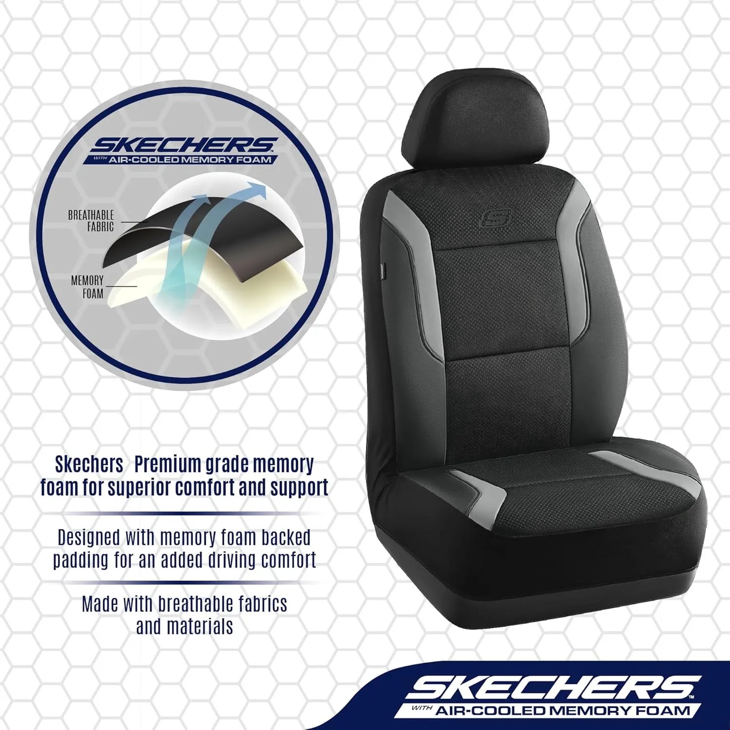 Skechers Memory Foam Car Seat Covers, Air Cool Mesh Thick Seat Covers, Car Seat Protector Full Sets, Airbag Compatible, Automotive Comfort Protection for Most Cars,Vans,Trucks, SUVs,Grey