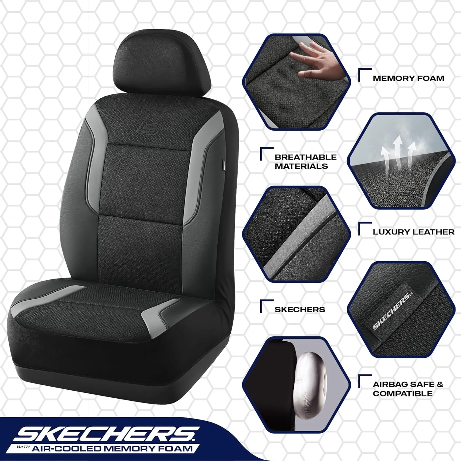 Skechers Memory Foam Car Seat Covers, Air Cool Mesh Thick Seat Covers, Car Seat Protector Full Sets, Airbag Compatible, Automotive Comfort Protection for Most Cars,Vans,Trucks, SUVs,Grey